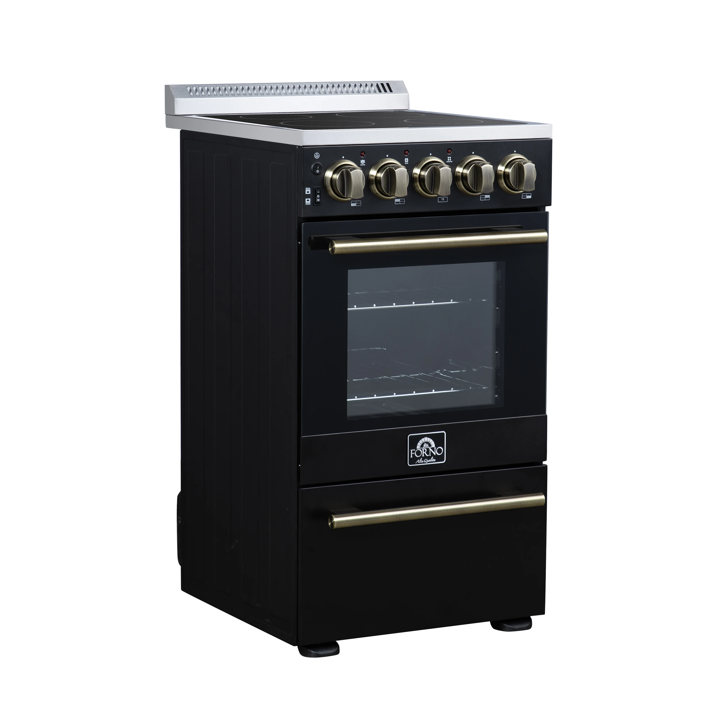 Pallerano 20 Inch Freestanding Electric Range in Black with Antique Brass, Compact Design FFSEL605220BLK