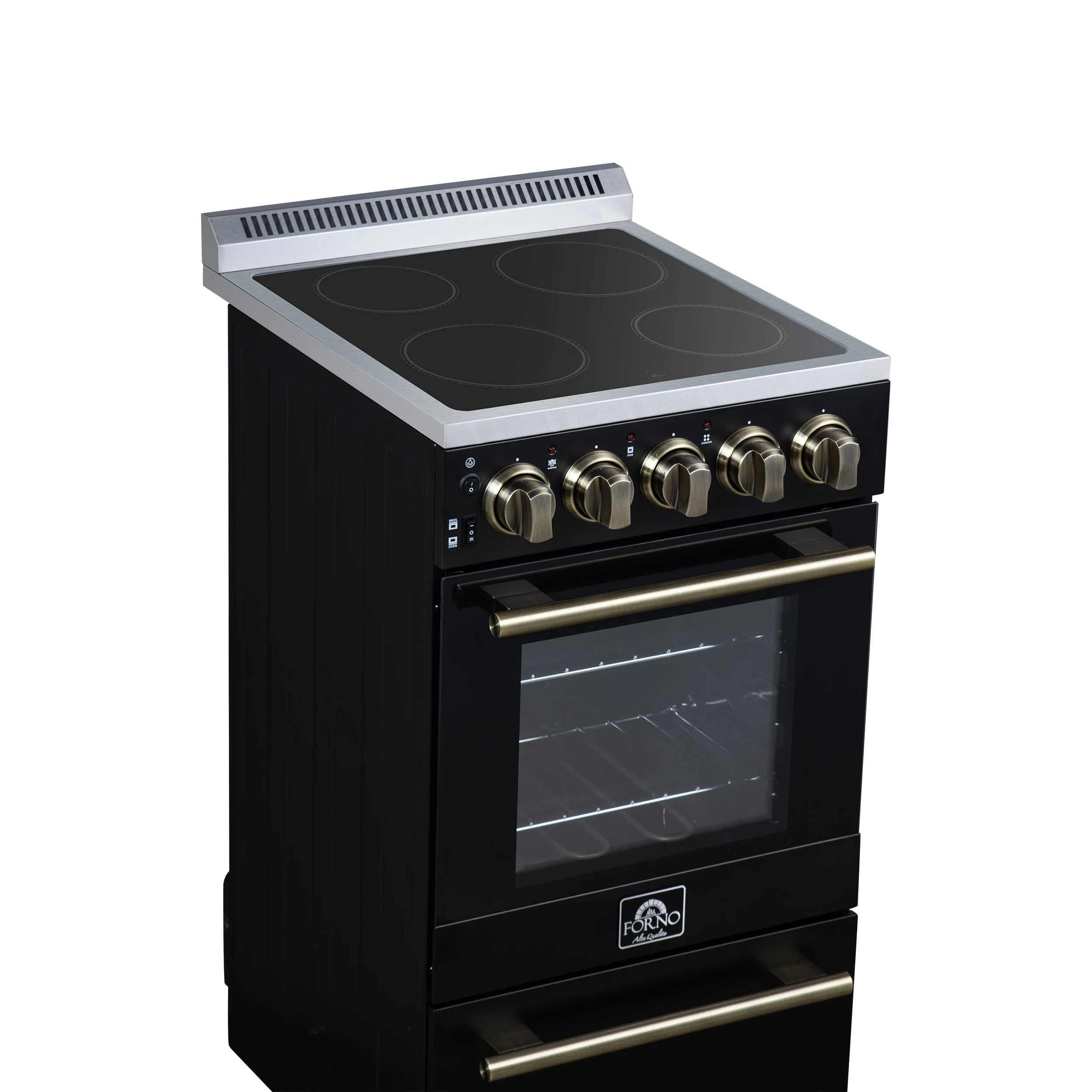 Pallerano 20 Inch Freestanding Electric Range in Black with Antique Brass, Compact Design FFSEL605220BLK