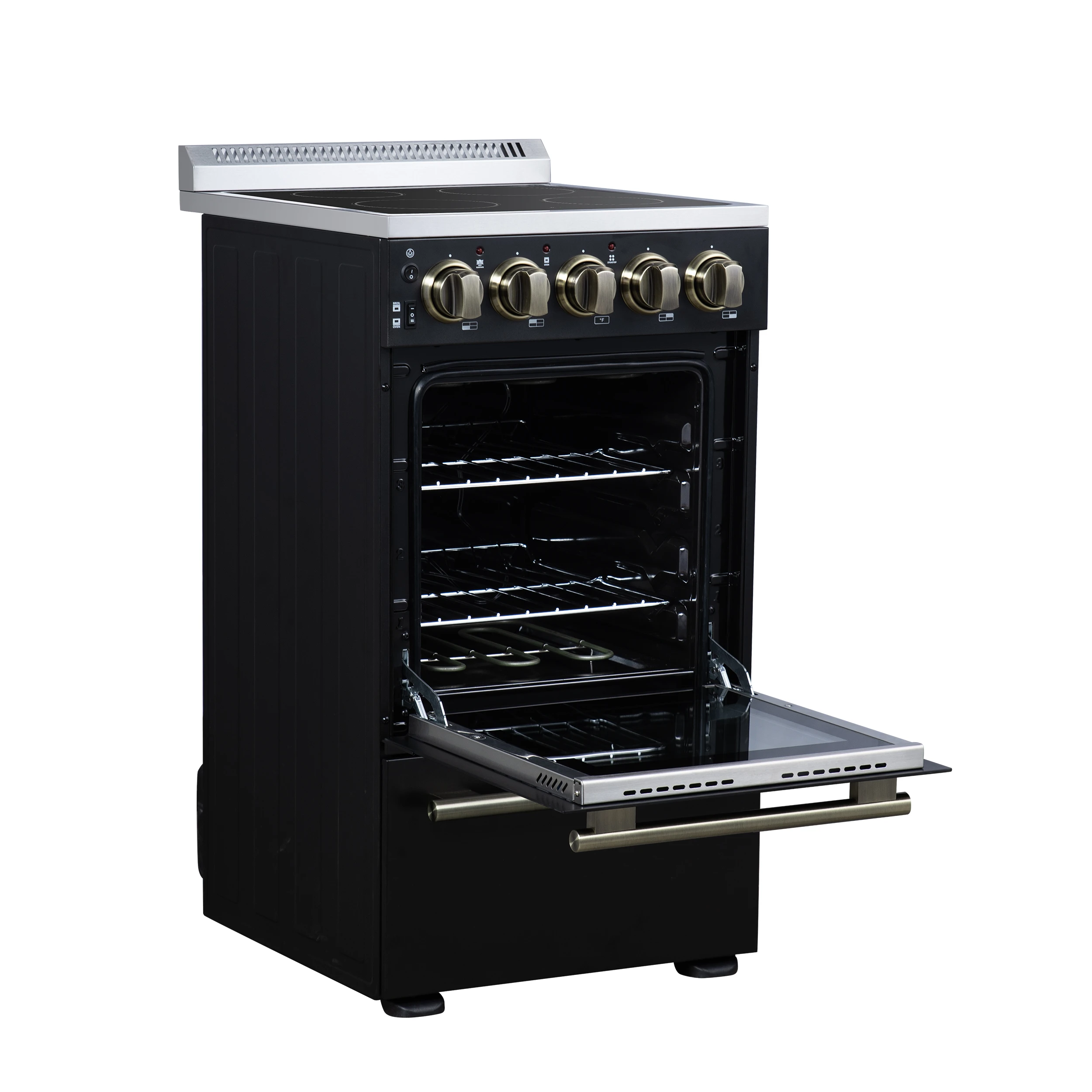 Pallerano 20 Inch Freestanding Electric Range in Black with Antique Brass, Compact Design FFSEL605220BLK