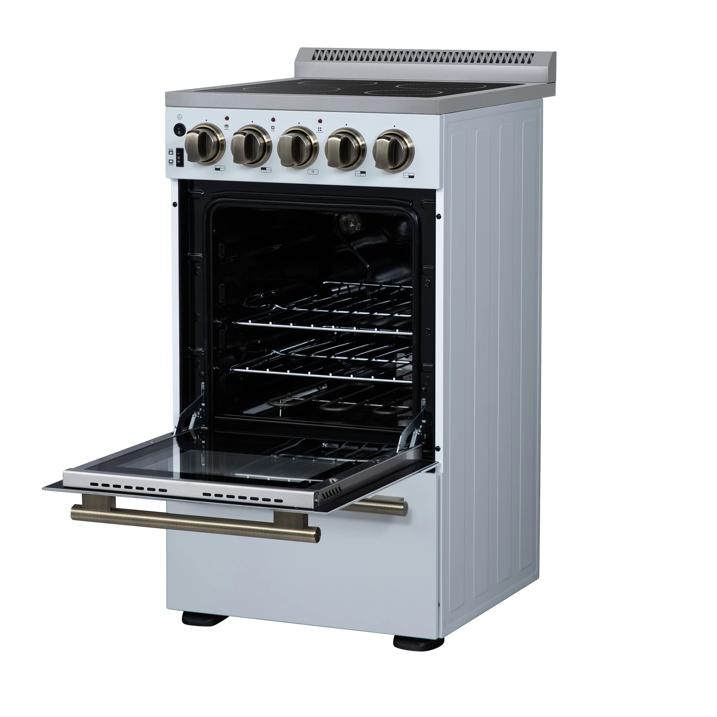 Pallerano 20 Inch Freestanding Electric Range in White with Antique Brass, Compact Design FFSEL605220WHT