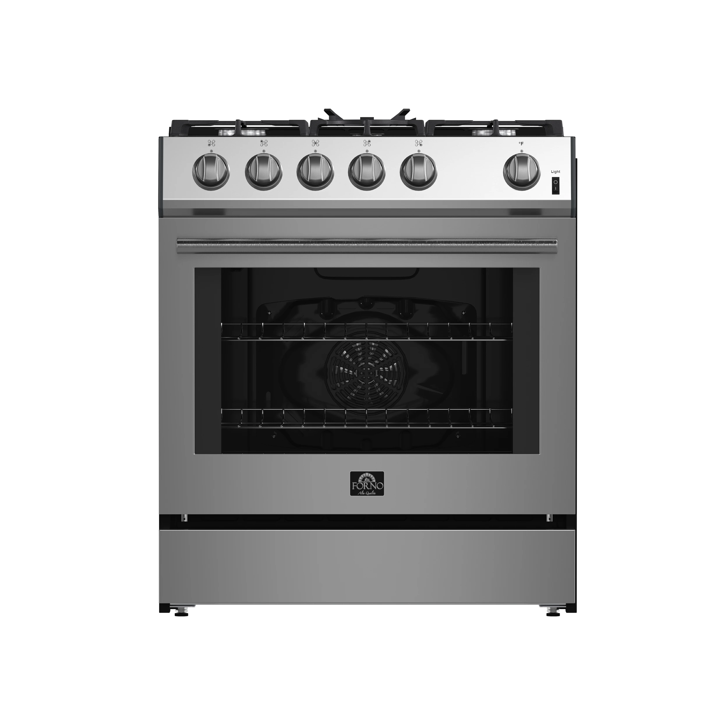 Leonardo 30-Inch Stainless Steel Gas Range, 5 Sealed Burners (Totaling 39,500 BTU), 5 cu.ft. Convection Oven, Continuous Cast Iron Grates, Black Enamel Interior, Auto Re-Ignition, LP Conversi FFSGS111630