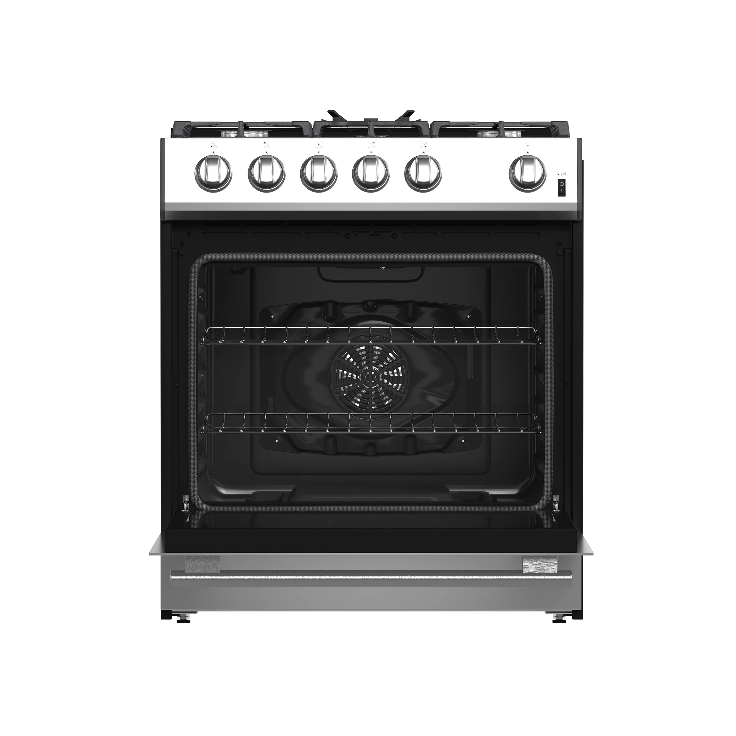 Leonardo 30-Inch Stainless Steel Gas Range, 5 Sealed Burners (Totaling 39,500 BTU), 5 cu.ft. Convection Oven, Continuous Cast Iron Grates, Black Enamel Interior, Auto Re-Ignition, LP Conversi FFSGS111630