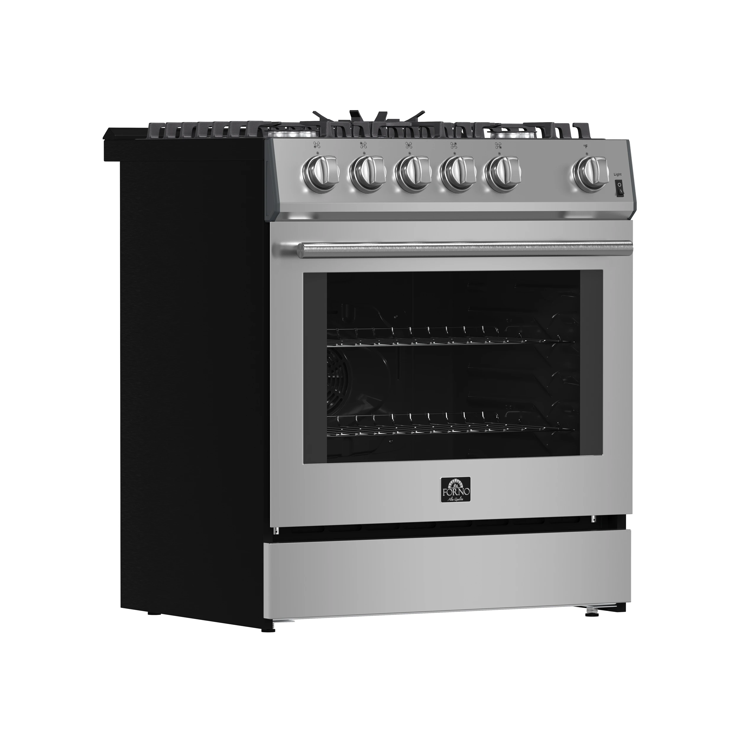 Leonardo 30-Inch Stainless Steel Gas Range, 5 Sealed Burners (Totaling 39,500 BTU), 5 cu.ft. Convection Oven, Continuous Cast Iron Grates, Black Enamel Interior, Auto Re-Ignition, LP Conversi FFSGS111630