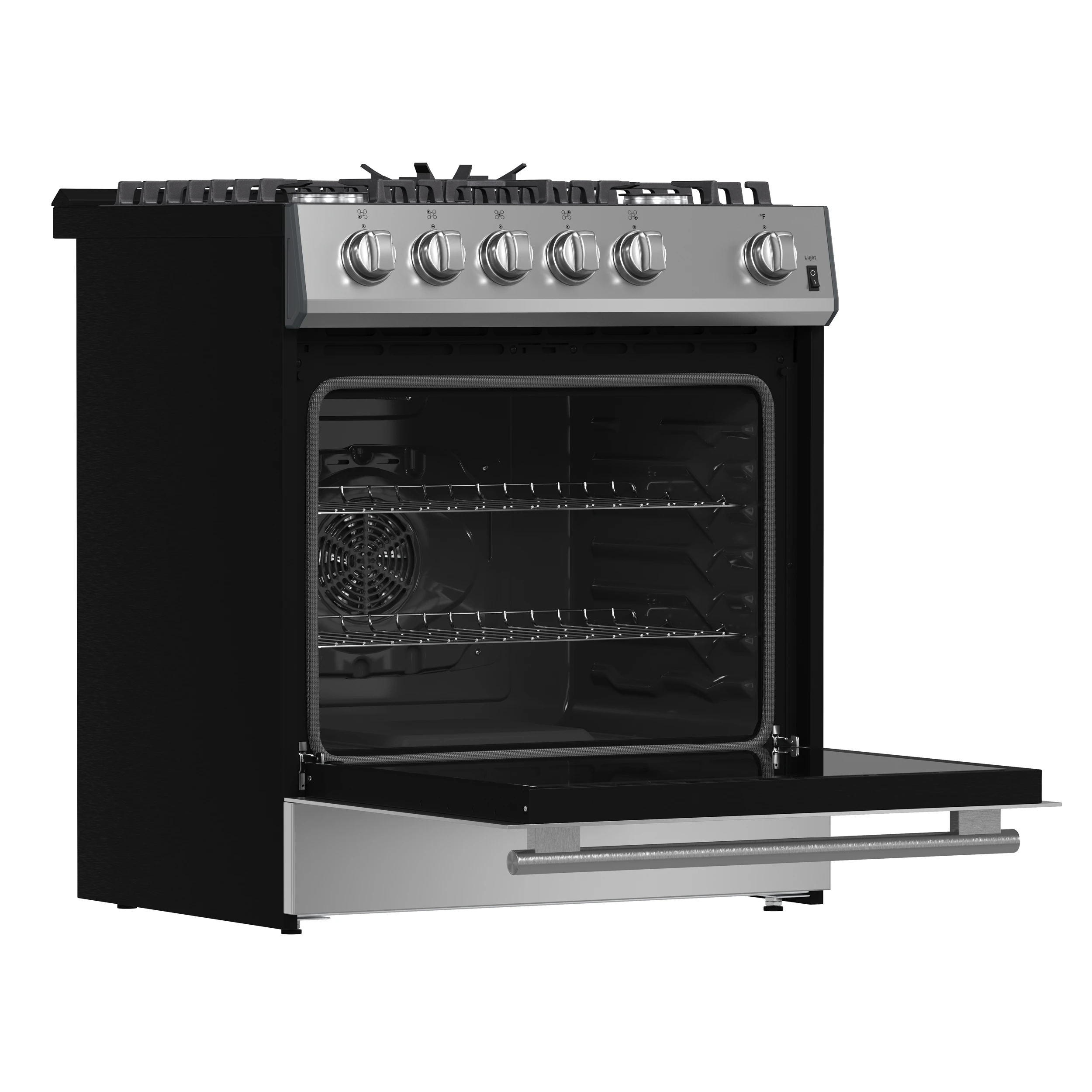 Leonardo 30-Inch Stainless Steel Gas Range, 5 Sealed Burners (Totaling 39,500 BTU), 5 cu.ft. Convection Oven, Continuous Cast Iron Grates, Black Enamel Interior, Auto Re-Ignition, LP Conversi FFSGS111630