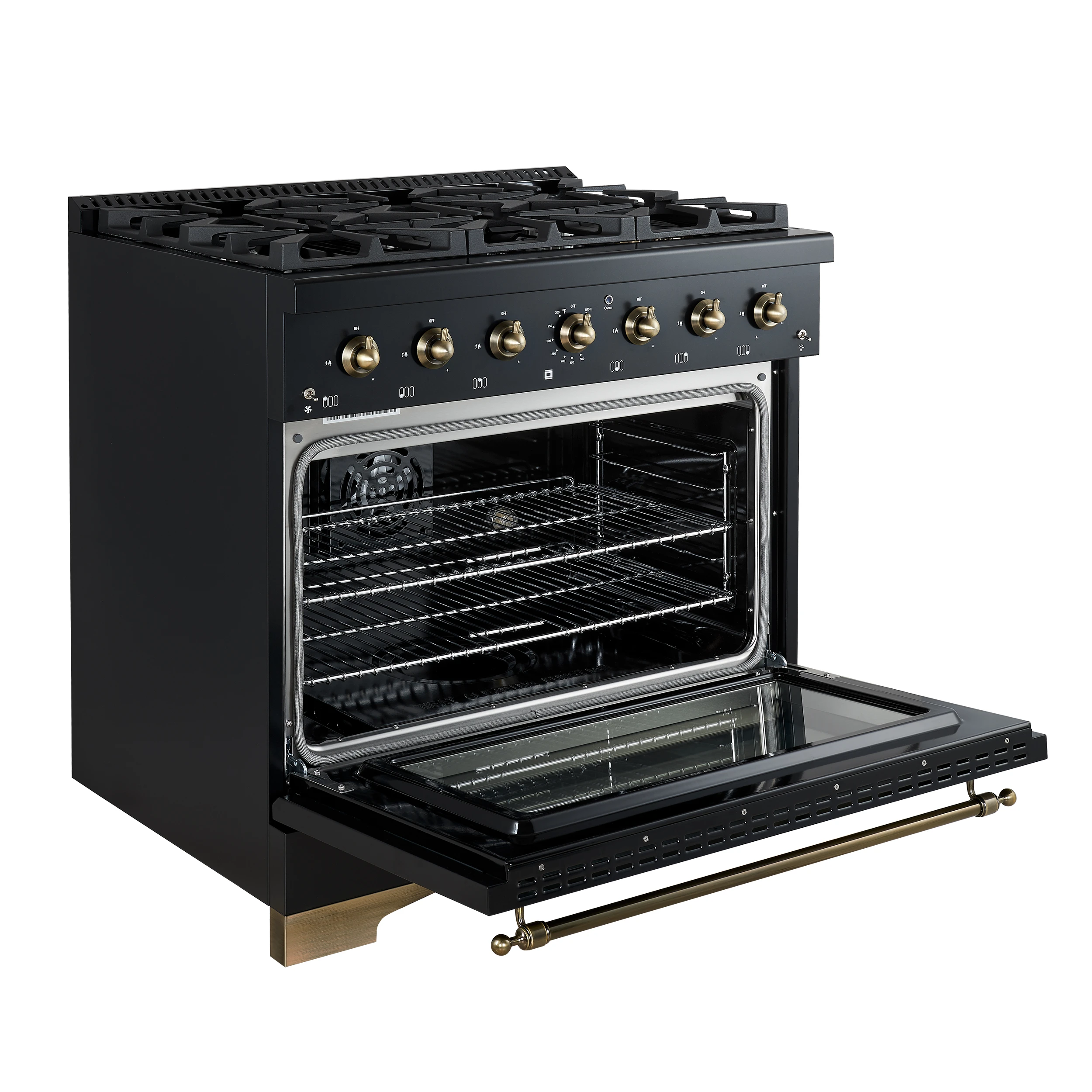 Antico 36-inch Dual Fuel Range, and Antique Brass, 6 Burners, 4.5 cu.ft. Convection Oven FFSGS611336BLK