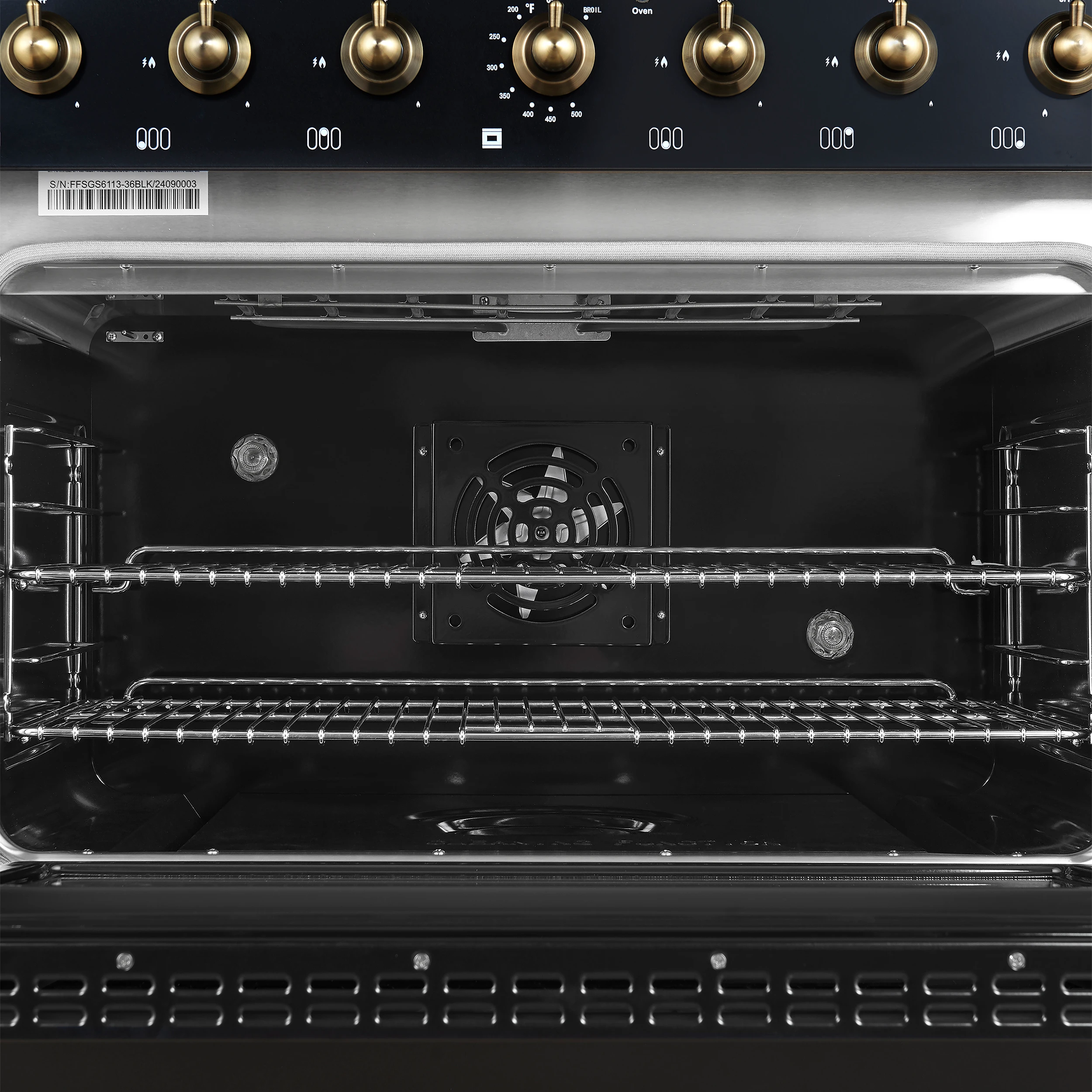 Antico 36-inch Dual Fuel Range, and Antique Brass, 6 Burners, 4.5 cu.ft. Convection Oven FFSGS611336BLK
