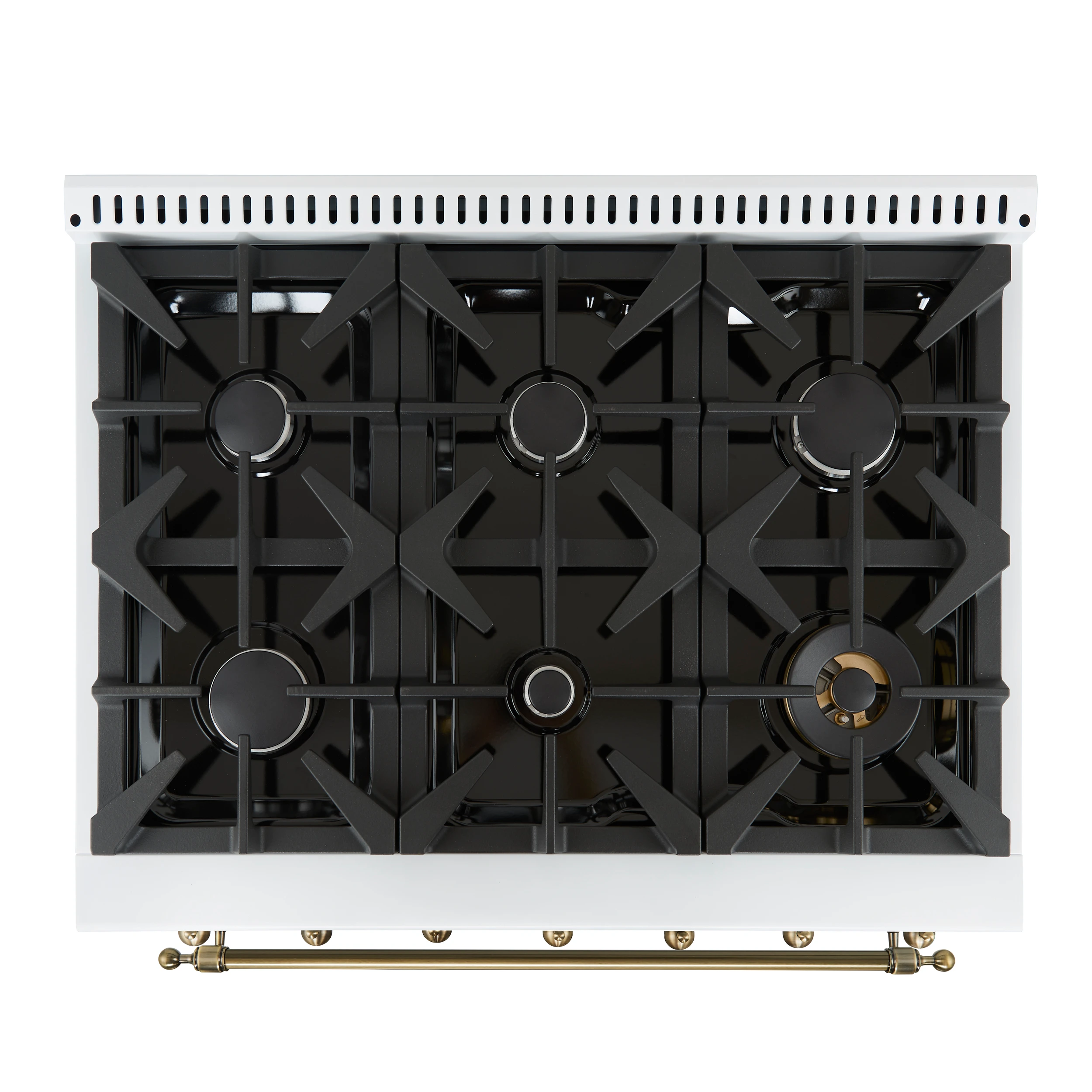 Antico 36-inch Dual Fuel Range White and Antique Brass Design with 6 Sealed Gas Burners and Electric Convection Oven FFSGS611336WHT