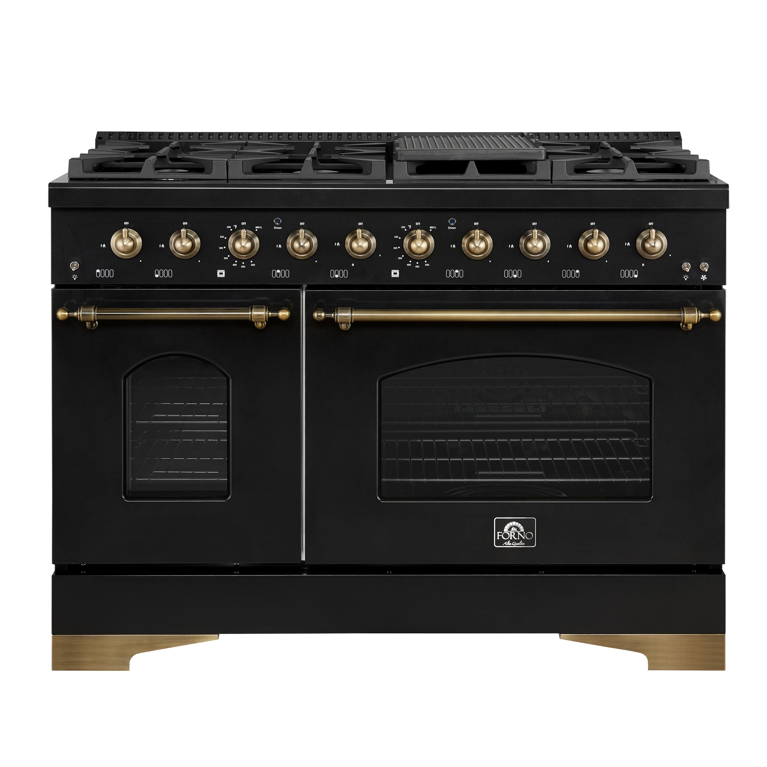 Antico 48-Inch Dual Fuel Range, with Antique Brass Finish, 8 Burners, 94,000 BTU, 5.5 cu.ft. Double Ovens & Griddle FFSGS611348BLK