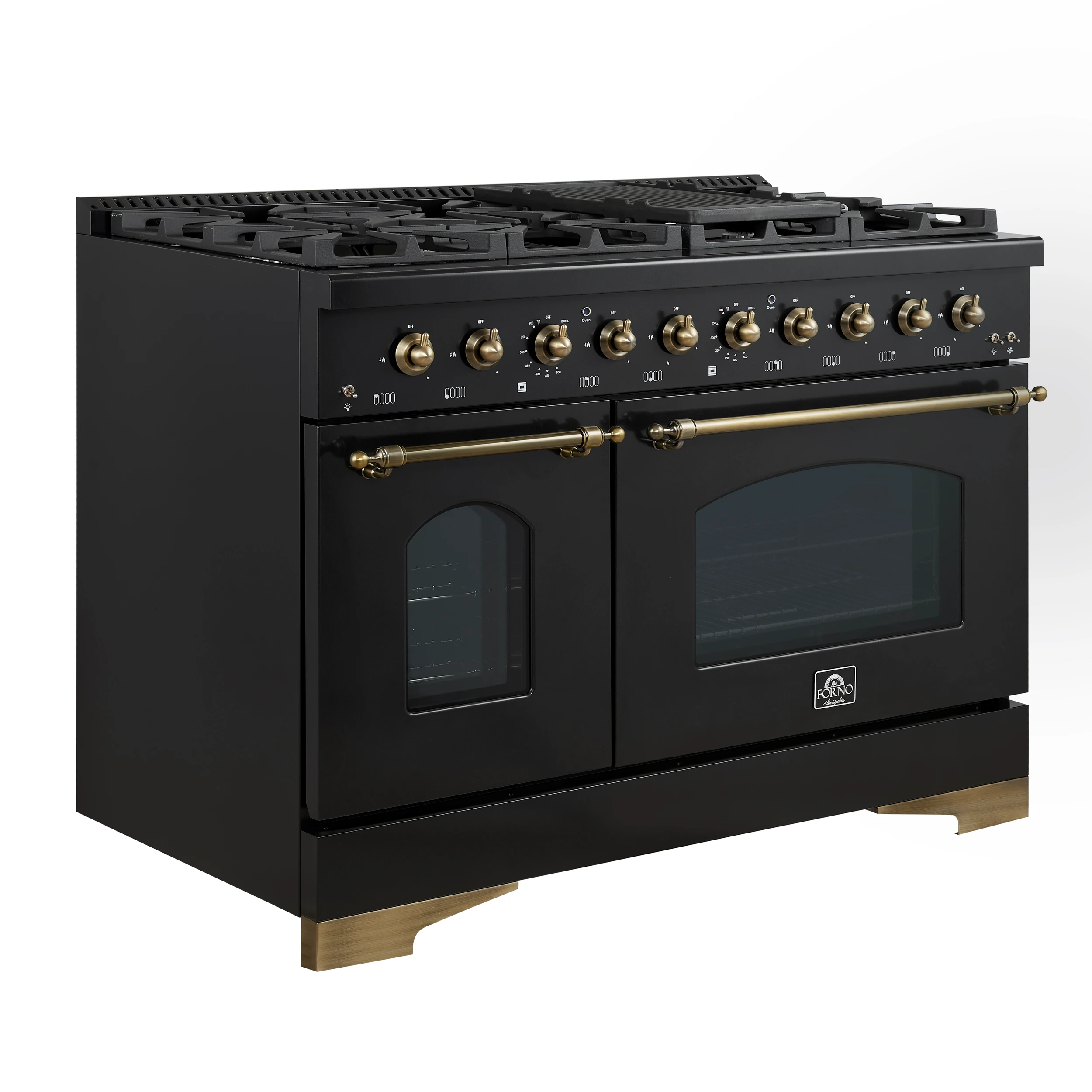 Antico 48-Inch Dual Fuel Range, with Antique Brass Finish, 8 Burners, 94,000 BTU, 5.5 cu.ft. Double Ovens & Griddle FFSGS611348BLK