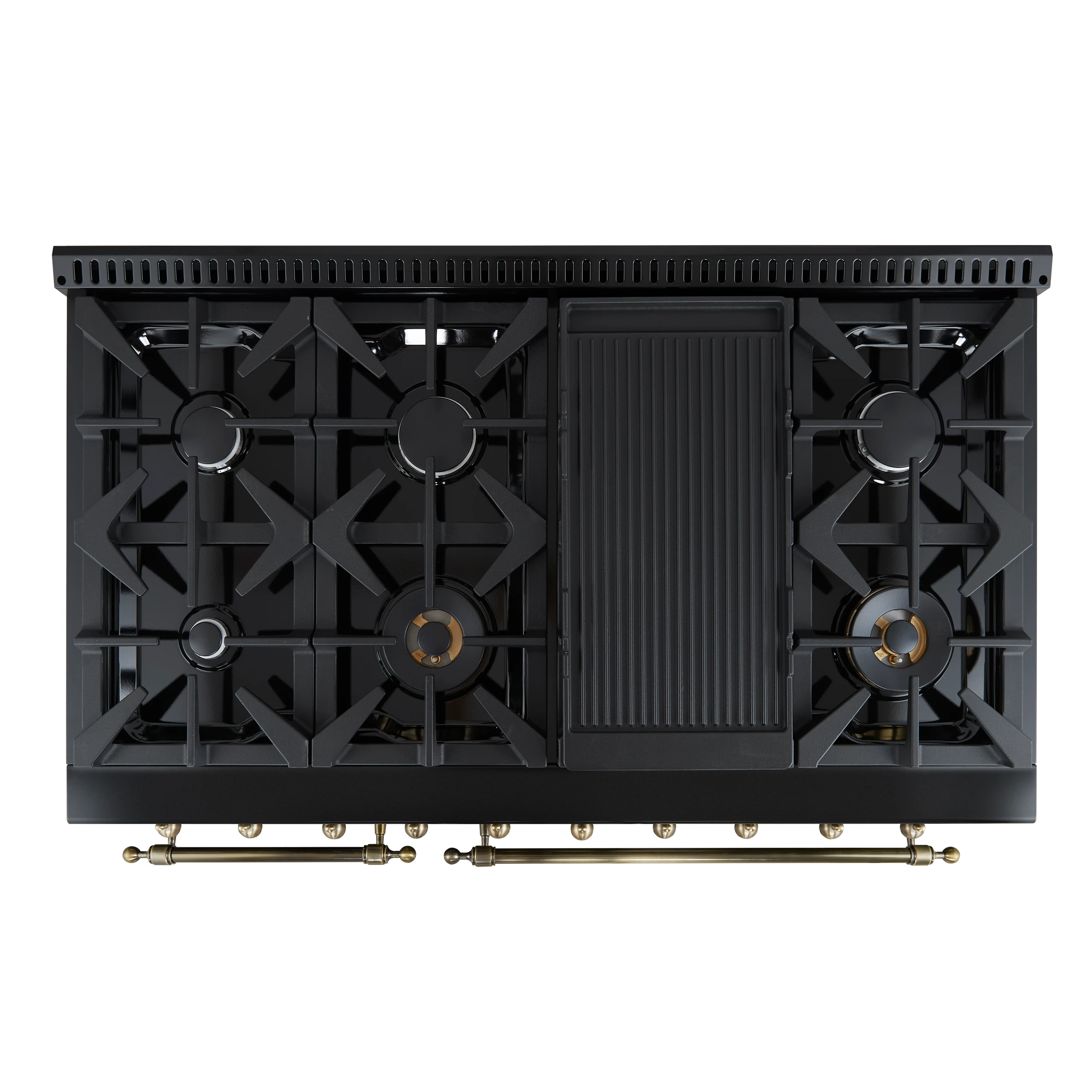 Antico 48-Inch Dual Fuel Range, with Antique Brass Finish, 8 Burners, 94,000 BTU, 5.5 cu.ft. Double Ovens & Griddle FFSGS611348BLK