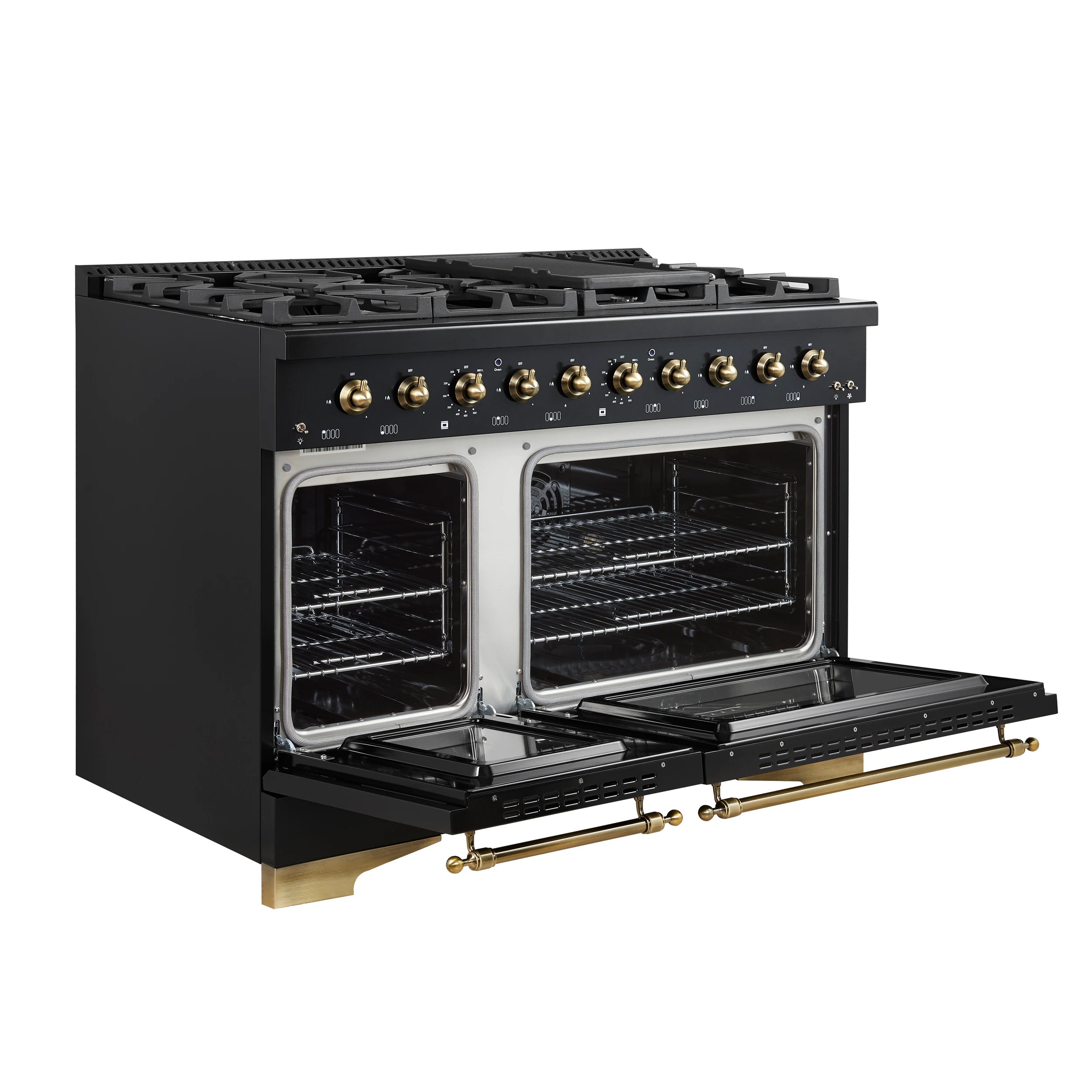 Antico 48-Inch Dual Fuel Range, with Antique Brass Finish, 8 Burners, 94,000 BTU, 5.5 cu.ft. Double Ovens & Griddle FFSGS611348BLK