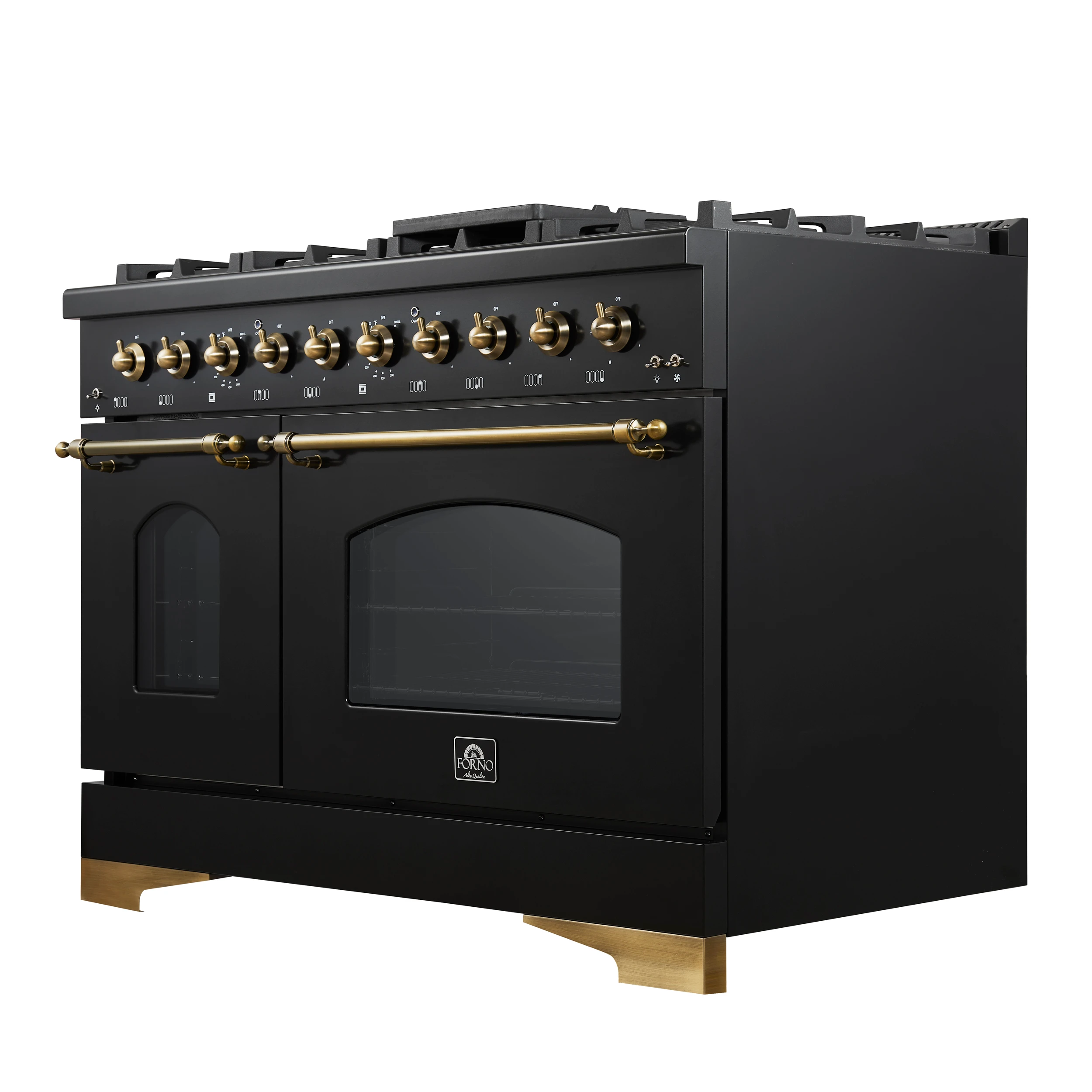 Antico 48-Inch Dual Fuel Range, with Antique Brass Finish, 8 Burners, 94,000 BTU, 5.5 cu.ft. Double Ovens & Griddle FFSGS611348BLK