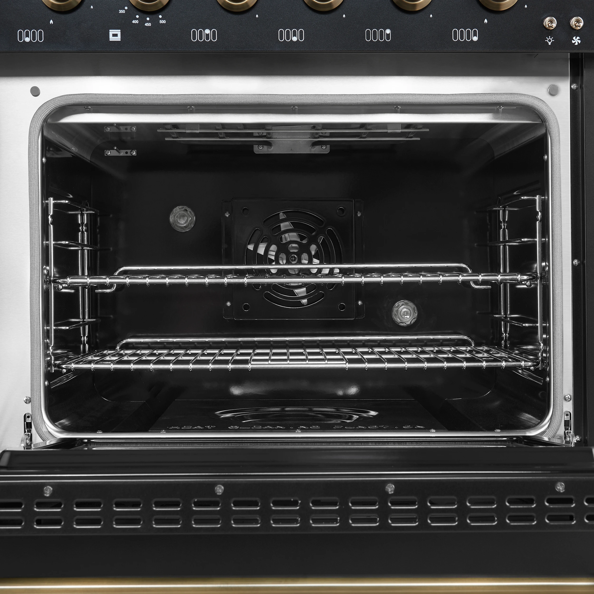 Antico 48-Inch Dual Fuel Range, with Antique Brass Finish, 8 Burners, 94,000 BTU, 5.5 cu.ft. Double Ovens & Griddle FFSGS611348BLK