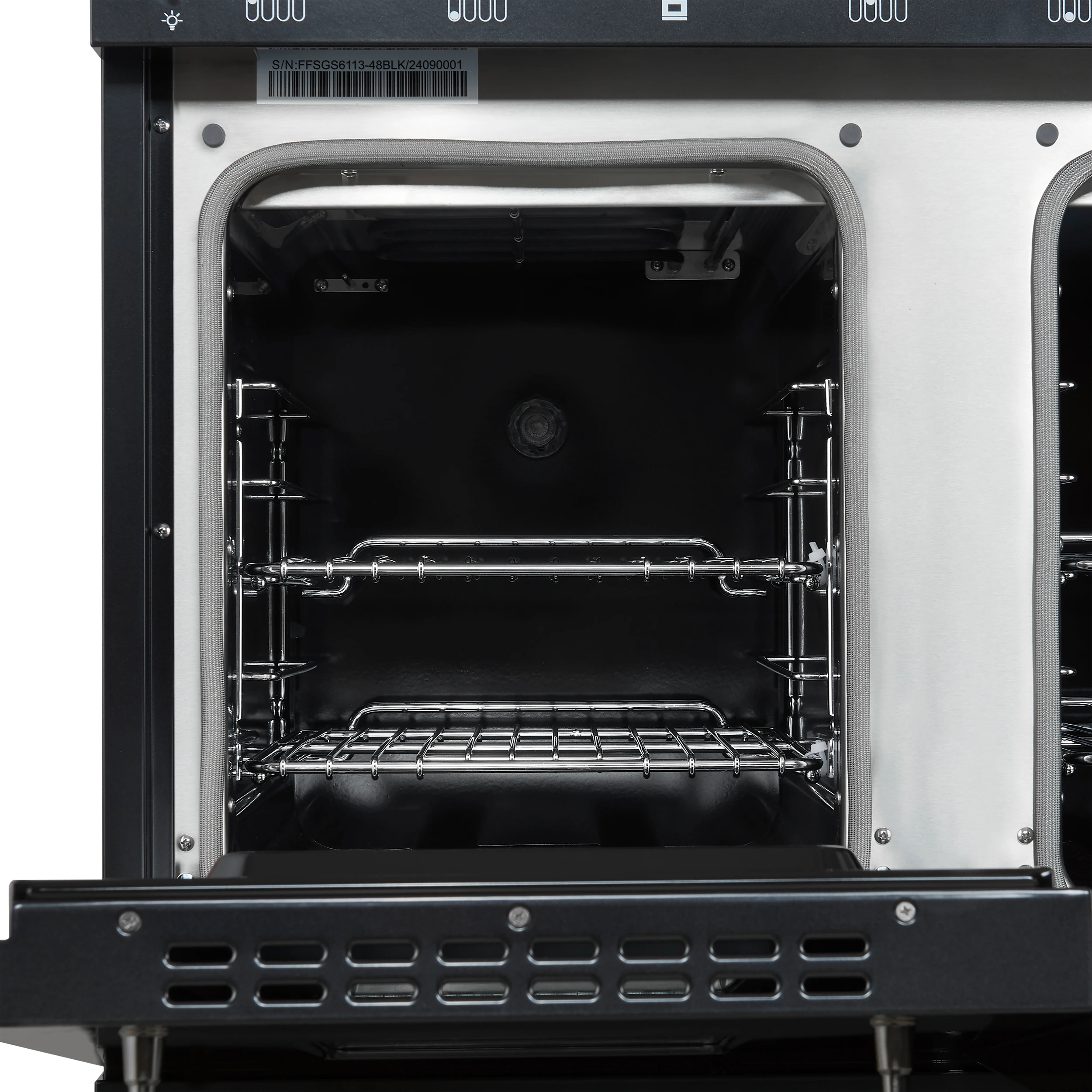 Antico 48-Inch Dual Fuel Range, with Antique Brass Finish, 8 Burners, 94,000 BTU, 5.5 cu.ft. Double Ovens & Griddle FFSGS611348BLK