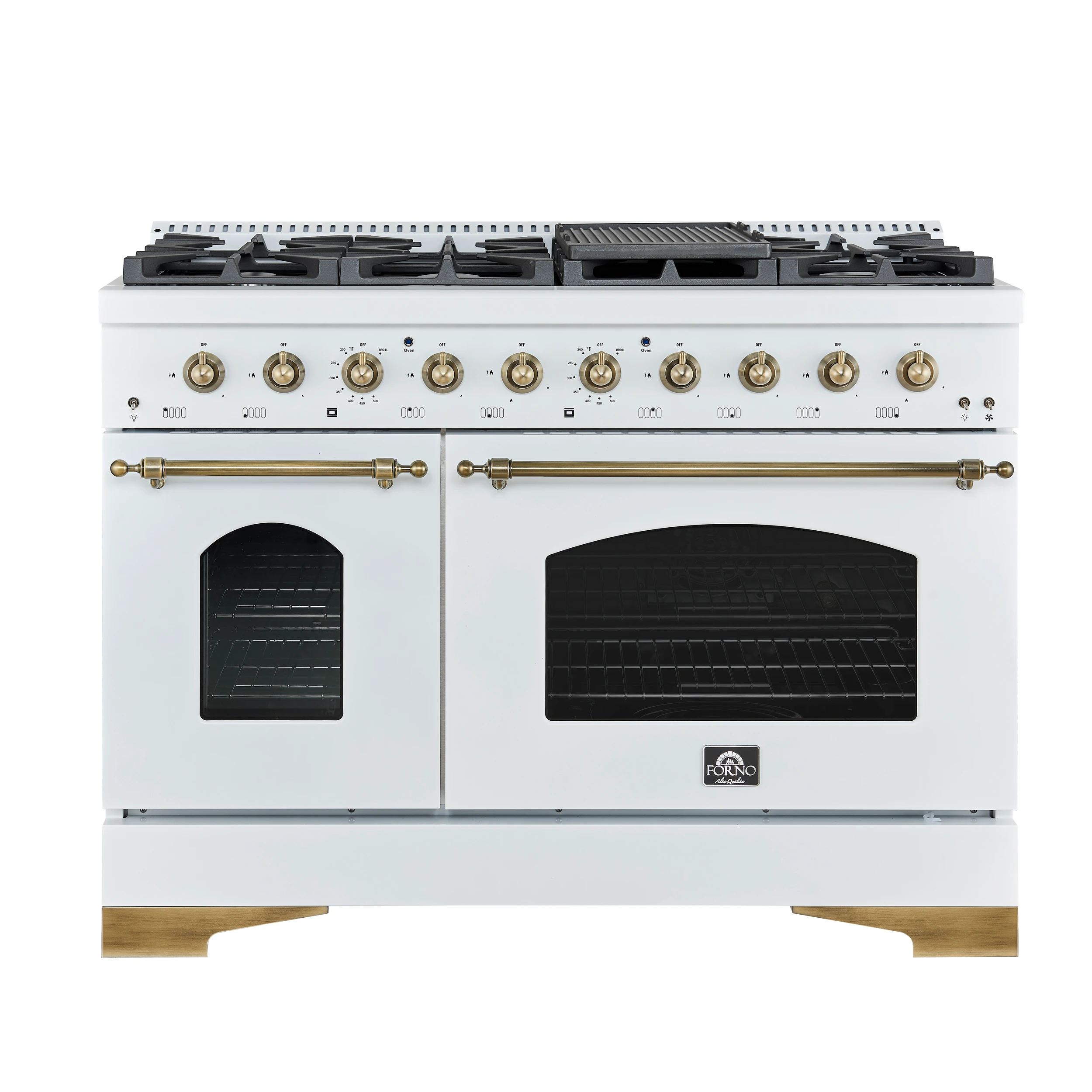 Antico 48-Inch Dual Fuel Range, with Antique Brass Finish, 8 Burners, 94,000 BTU, 5.5 cu.ft. Double Ovens & Griddle FFSGS611348WHT