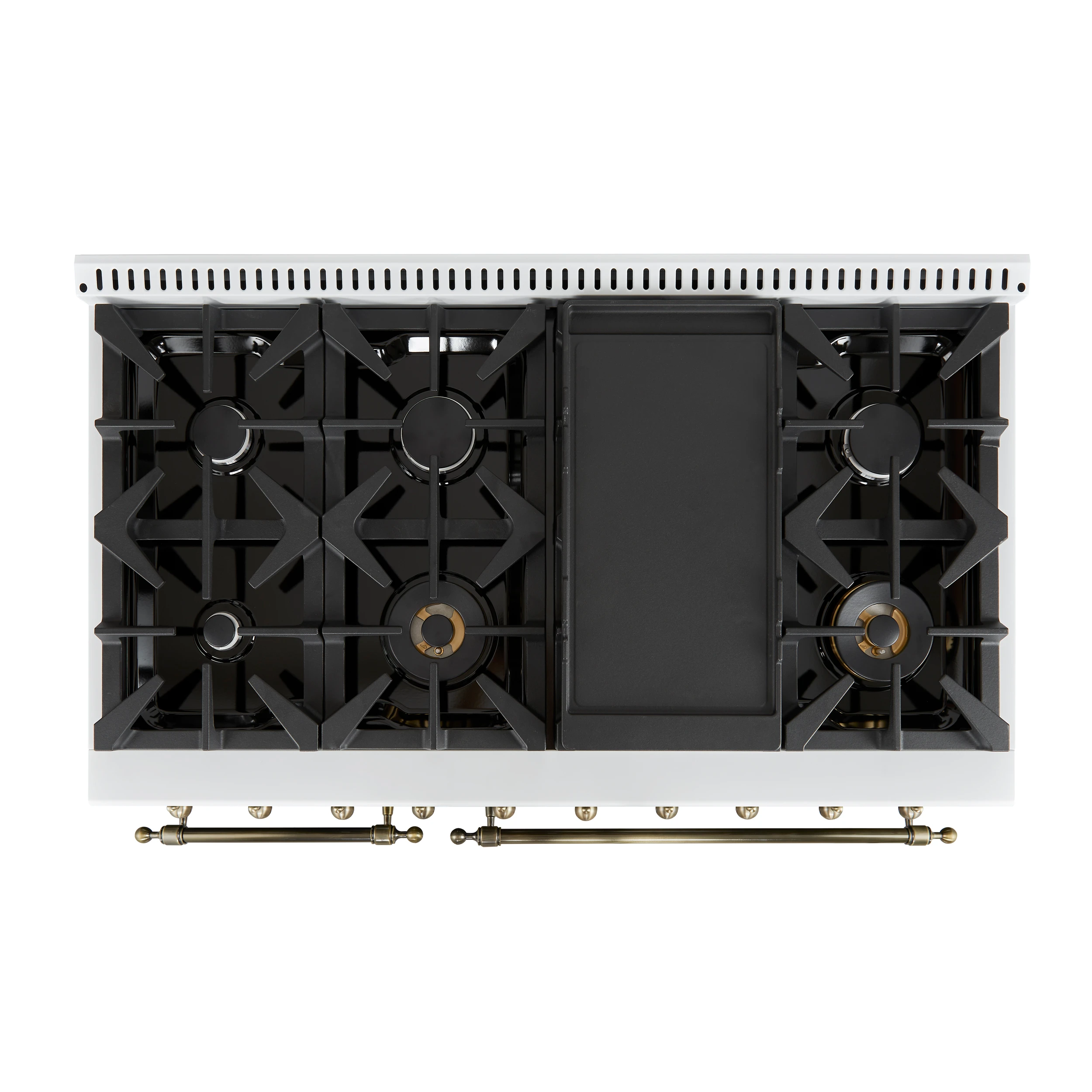 Antico 48-Inch Dual Fuel Range, with Antique Brass Finish, 8 Burners, 94,000 BTU, 5.5 cu.ft. Double Ovens & Griddle FFSGS611348WHT