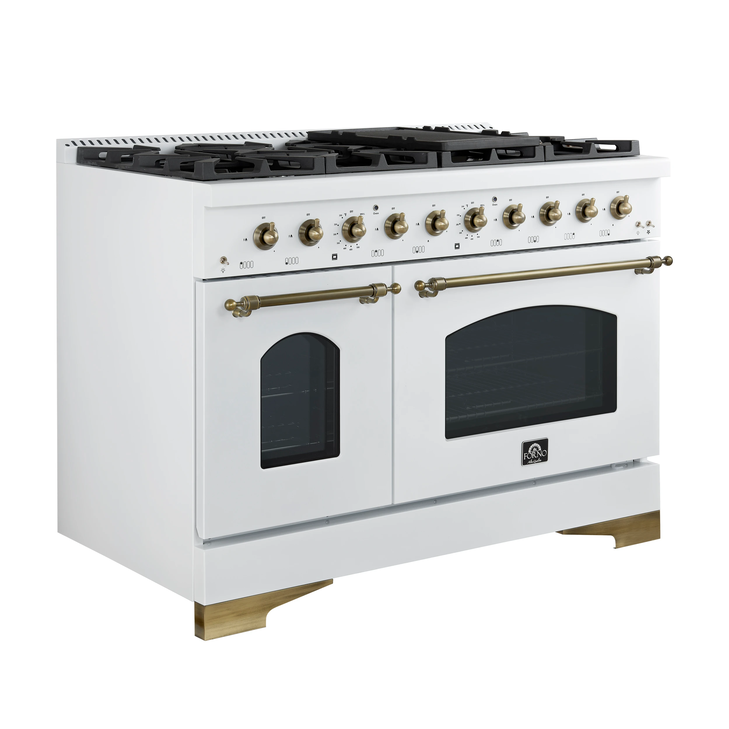 Antico 48-Inch Dual Fuel Range, with Antique Brass Finish, 8 Burners, 94,000 BTU, 5.5 cu.ft. Double Ovens & Griddle FFSGS611348WHT