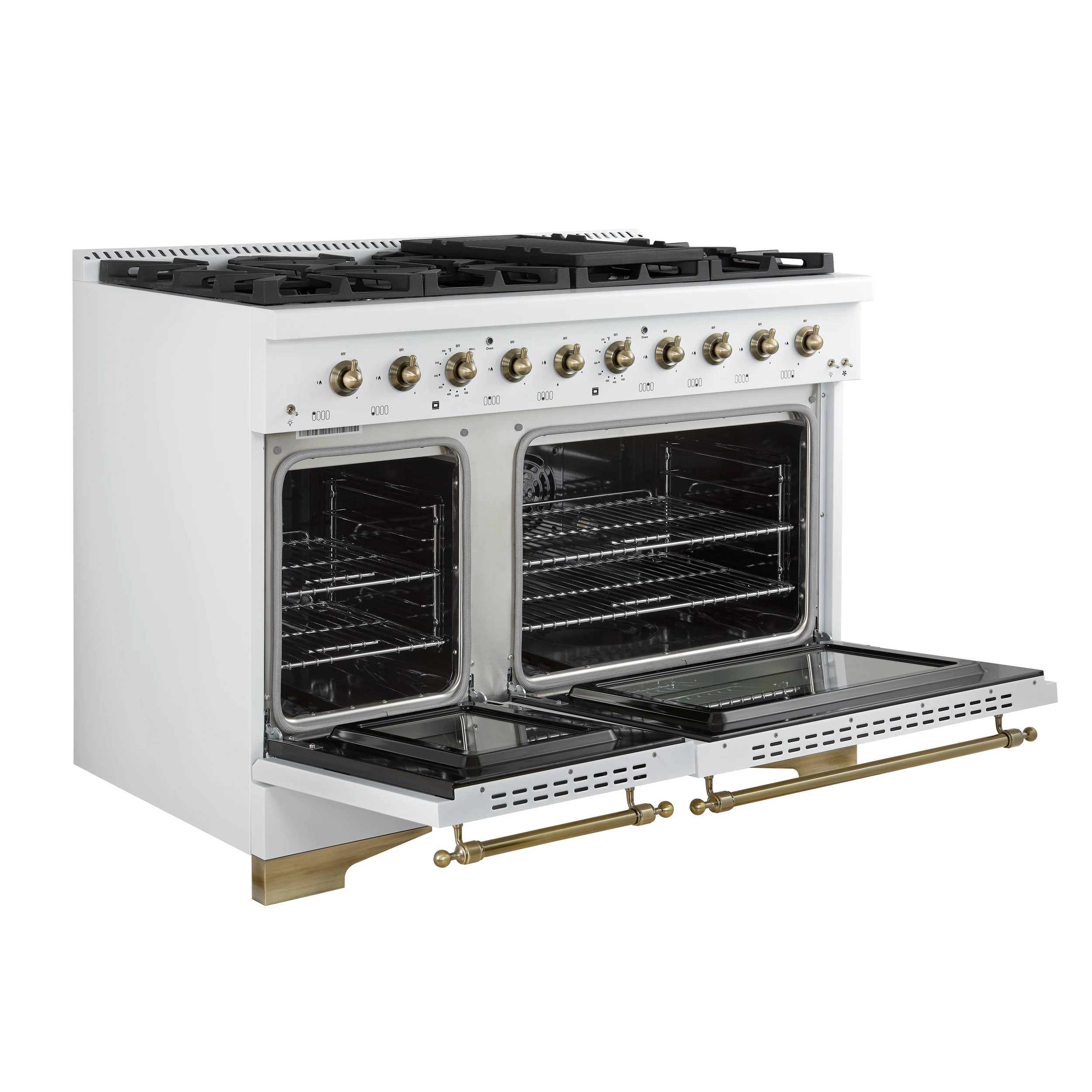 Antico 48-Inch Dual Fuel Range, with Antique Brass Finish, 8 Burners, 94,000 BTU, 5.5 cu.ft. Double Ovens & Griddle FFSGS611348WHT
