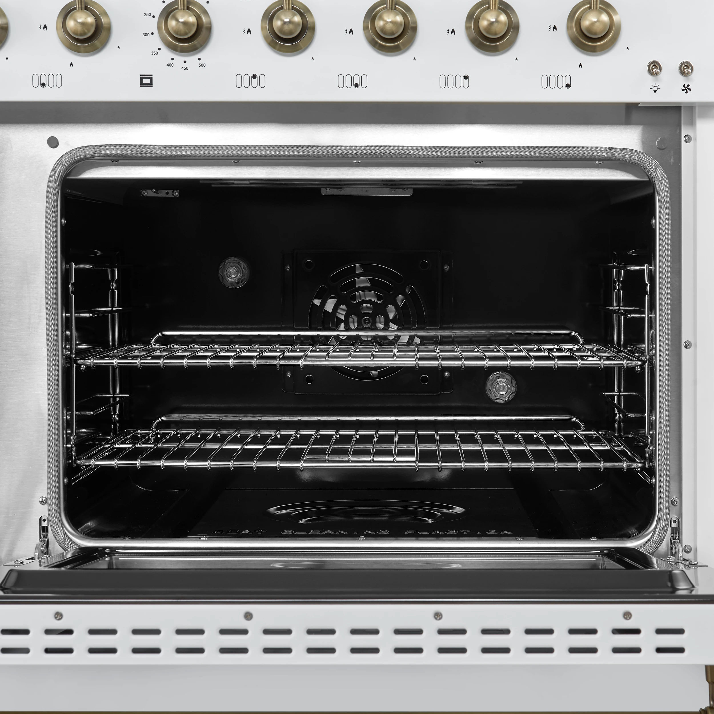 Antico 48-Inch Dual Fuel Range, with Antique Brass Finish, 8 Burners, 94,000 BTU, 5.5 cu.ft. Double Ovens & Griddle FFSGS611348WHT