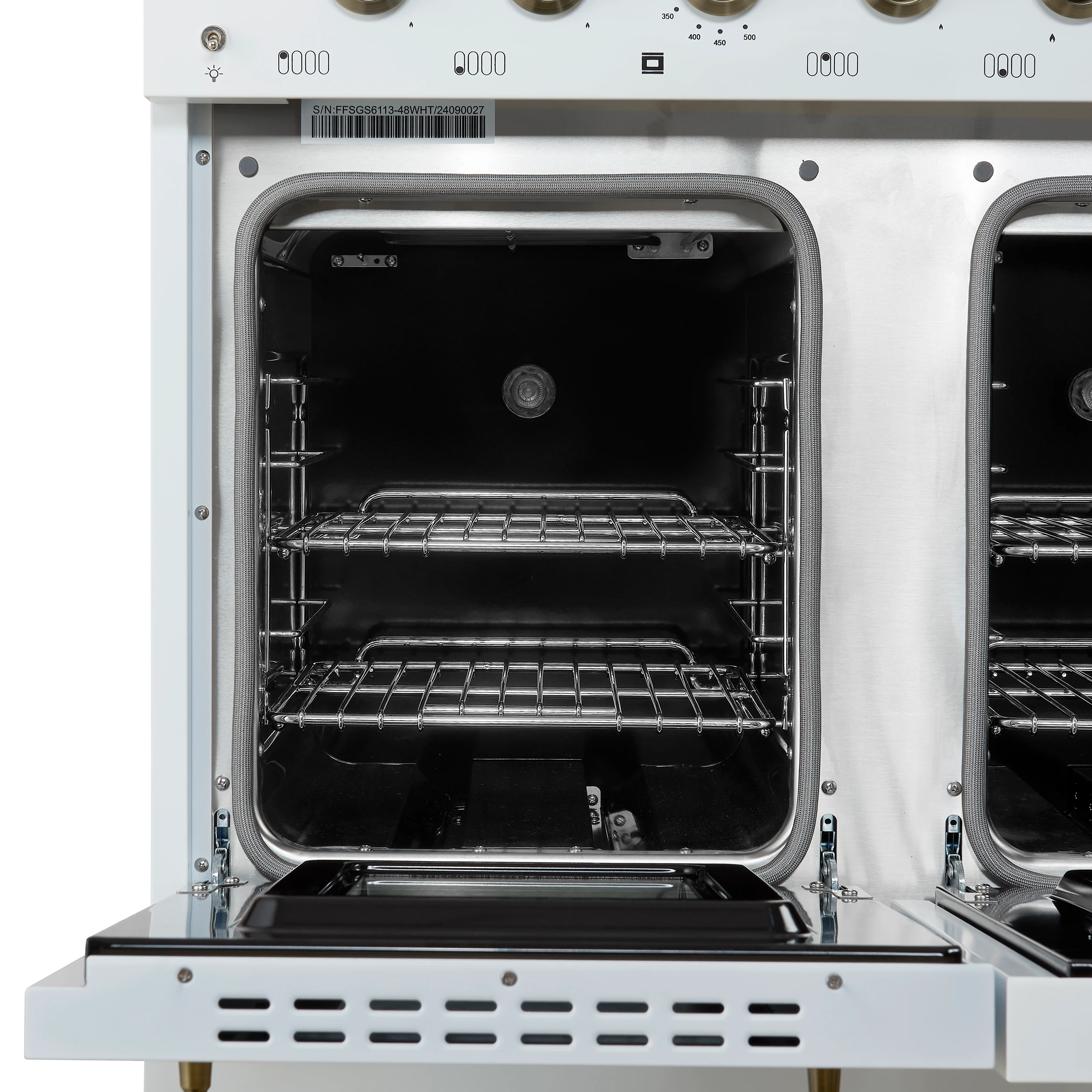 Antico 48-Inch Dual Fuel Range, with Antique Brass Finish, 8 Burners, 94,000 BTU, 5.5 cu.ft. Double Ovens & Griddle FFSGS611348WHT