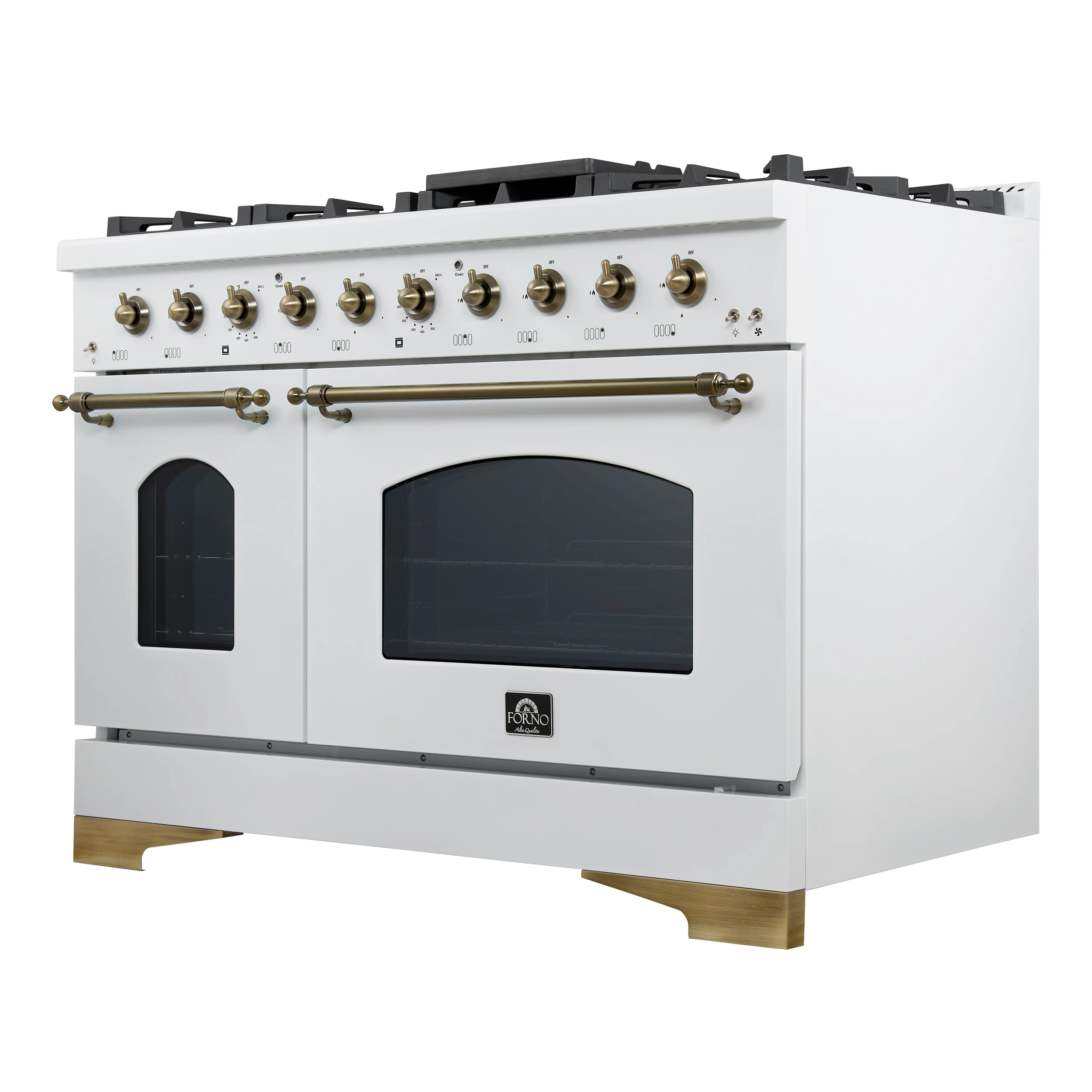 Antico 48-Inch Dual Fuel Range, with Antique Brass Finish, 8 Burners, 94,000 BTU, 5.5 cu.ft. Double Ovens & Griddle FFSGS611348WHT