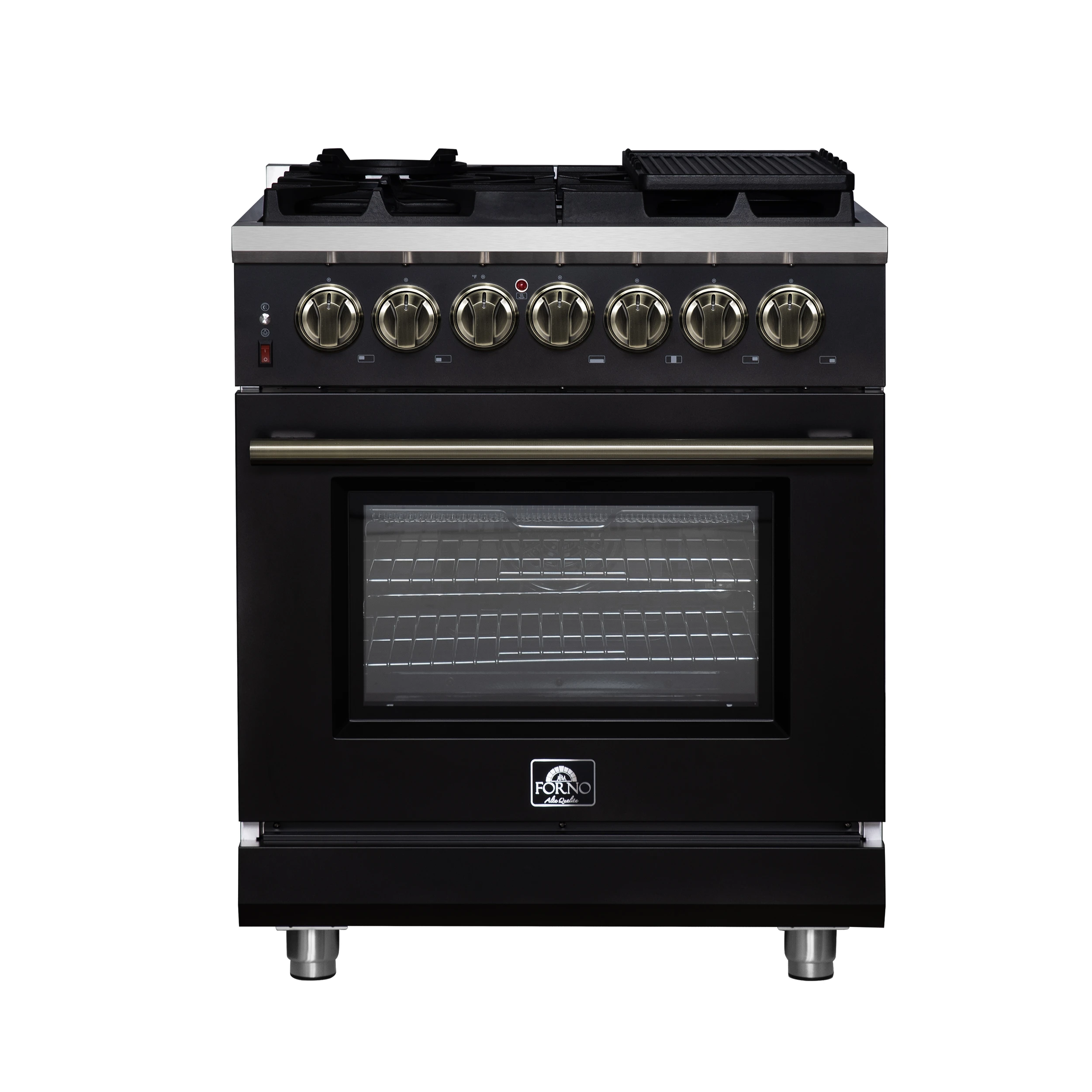 Massimo 30-Inch Freestanding Dual Fuel Range in Black with Antique Brass Accessories, 4 Burners, 4.32 cu. ft. Convection Oven FFSGS612530BLK