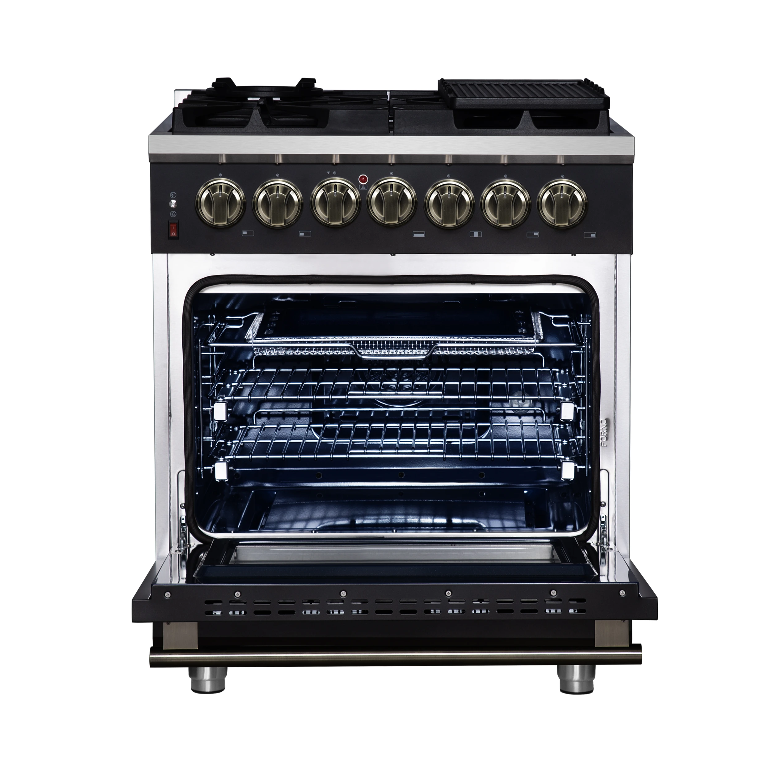 Massimo 30-Inch Freestanding Dual Fuel Range in Black with Antique Brass Accessories, 4 Burners, 4.32 cu. ft. Convection Oven FFSGS612530BLK