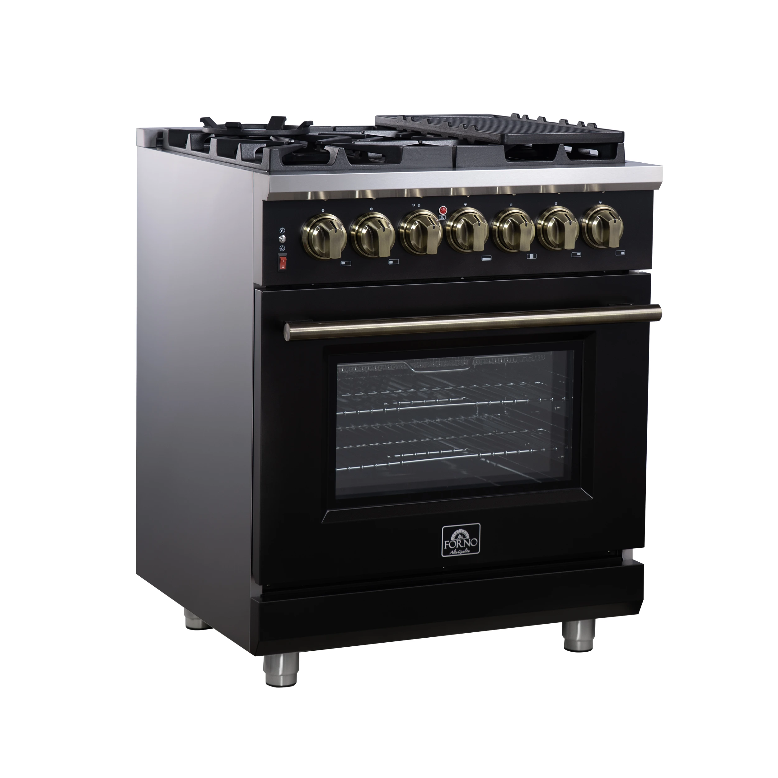 Massimo 30-Inch Freestanding Dual Fuel Range in Black with Antique Brass Accessories, 4 Burners, 4.32 cu. ft. Convection Oven FFSGS612530BLK