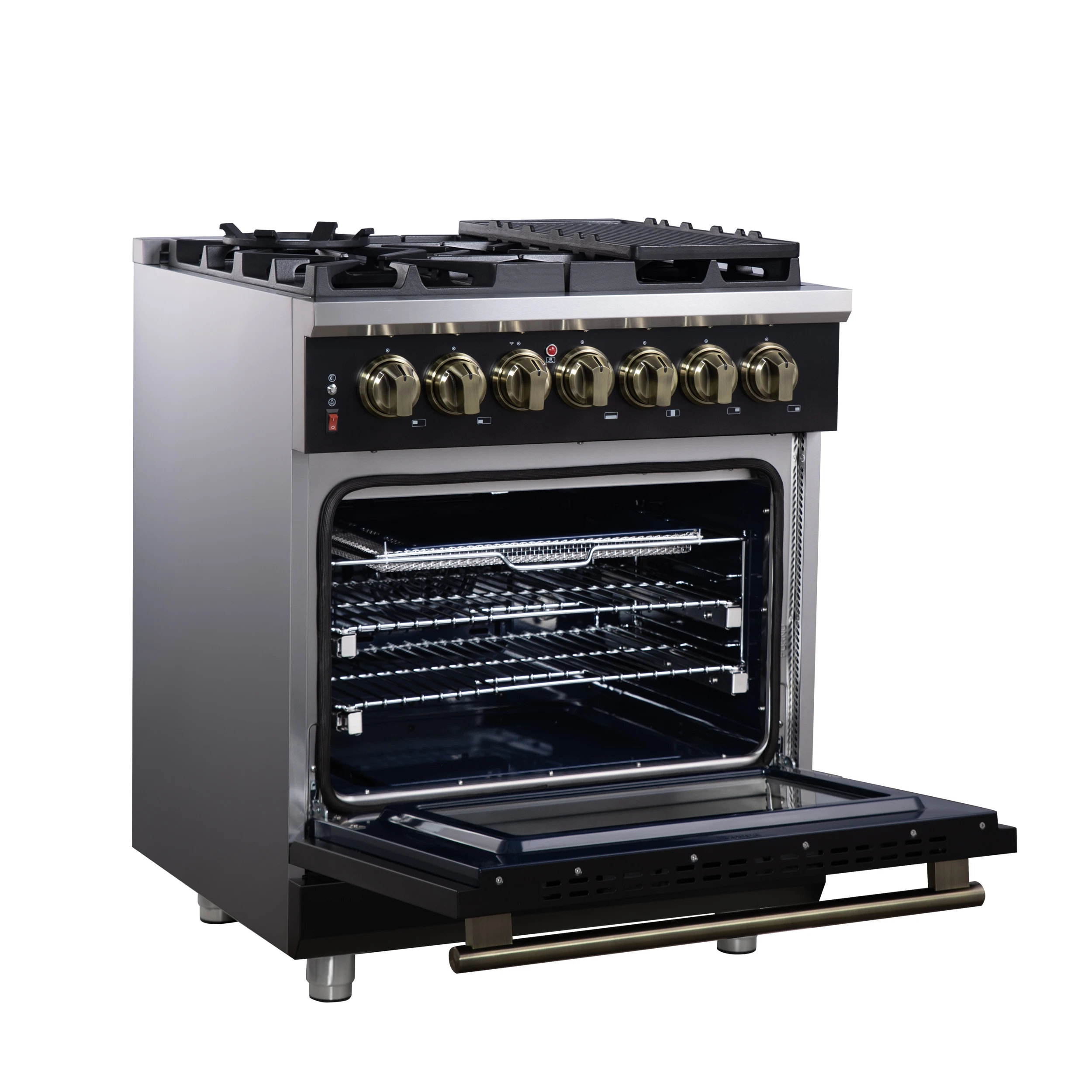 Massimo 30-Inch Freestanding Dual Fuel Range in Black with Antique Brass Accessories, 4 Burners, 4.32 cu. ft. Convection Oven FFSGS612530BLK
