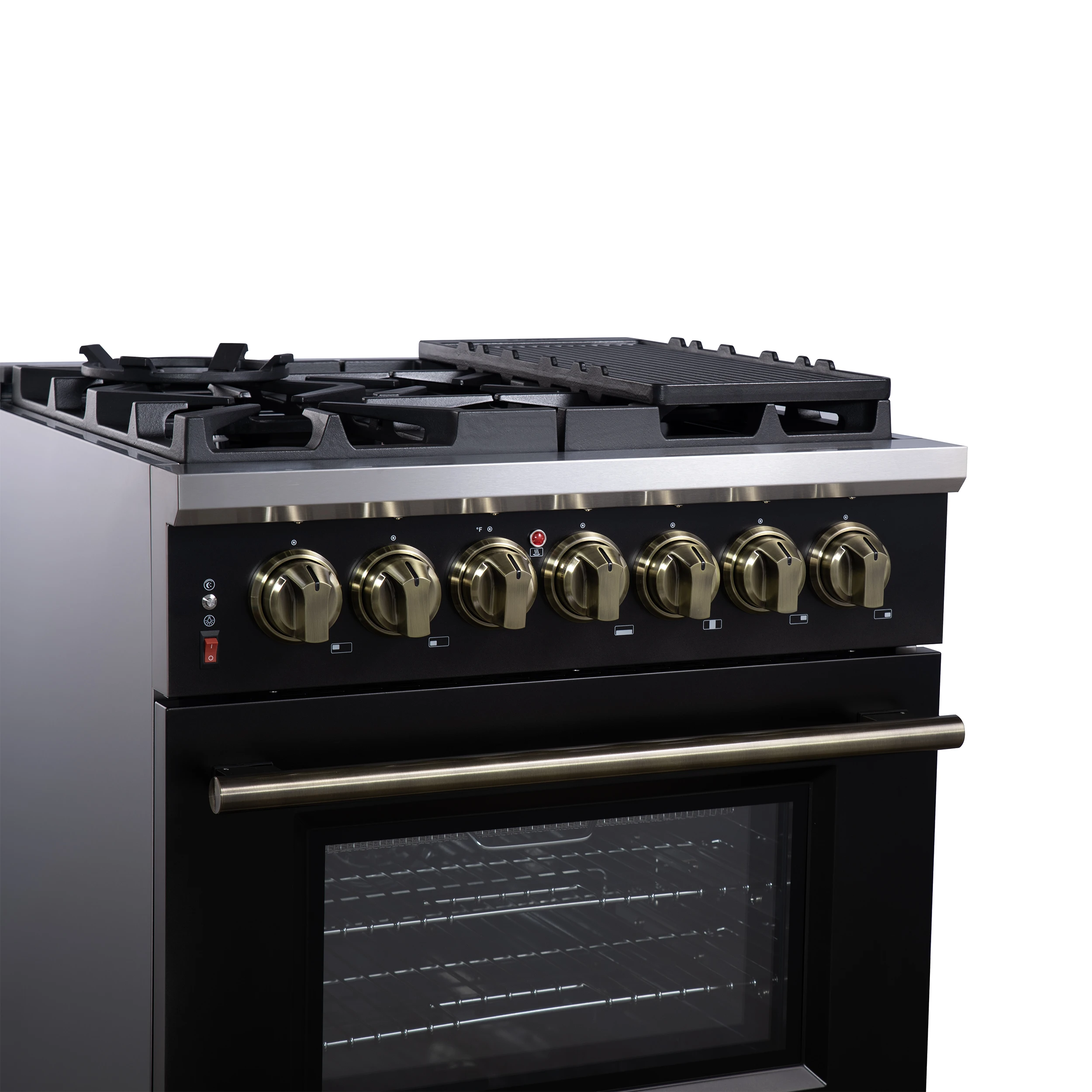 Massimo 30-Inch Freestanding Dual Fuel Range in Black with Antique Brass Accessories, 4 Burners, 4.32 cu. ft. Convection Oven FFSGS612530BLK