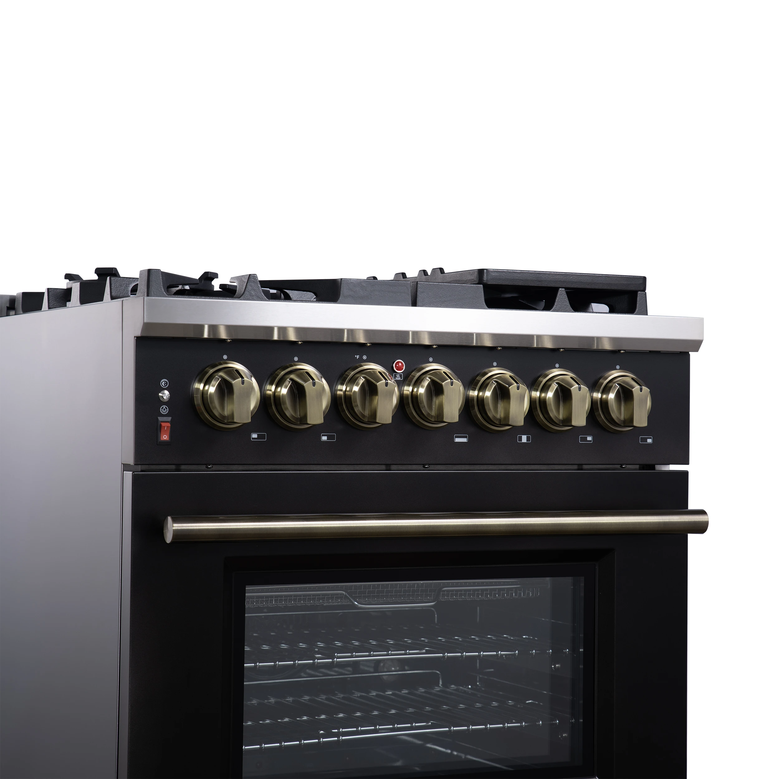 Massimo 30-Inch Freestanding Dual Fuel Range in Black with Antique Brass Accessories, 4 Burners, 4.32 cu. ft. Convection Oven FFSGS612530BLK