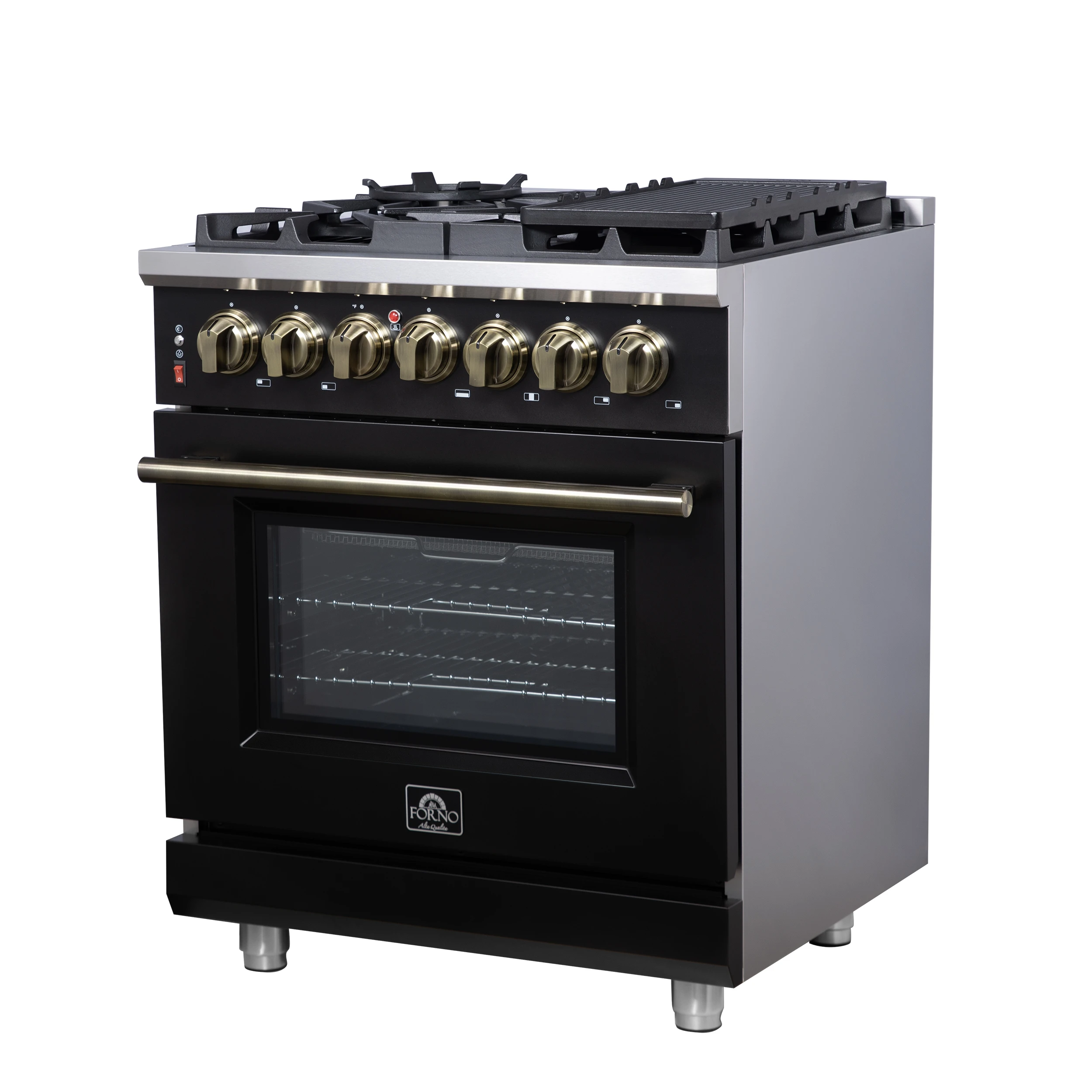 Massimo 30-Inch Freestanding Dual Fuel Range in Black with Antique Brass Accessories, 4 Burners, 4.32 cu. ft. Convection Oven FFSGS612530BLK