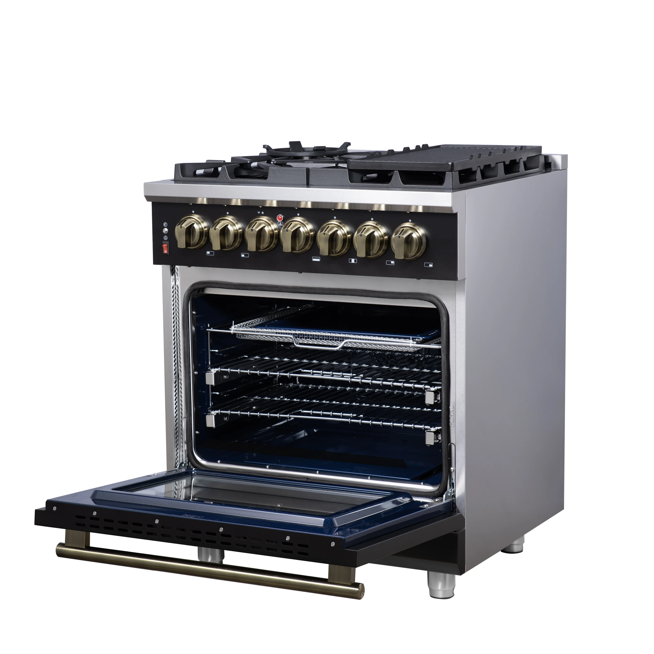 Massimo 30-Inch Freestanding Dual Fuel Range in Black with Antique Brass Accessories, 4 Burners, 4.32 cu. ft. Convection Oven FFSGS612530BLK