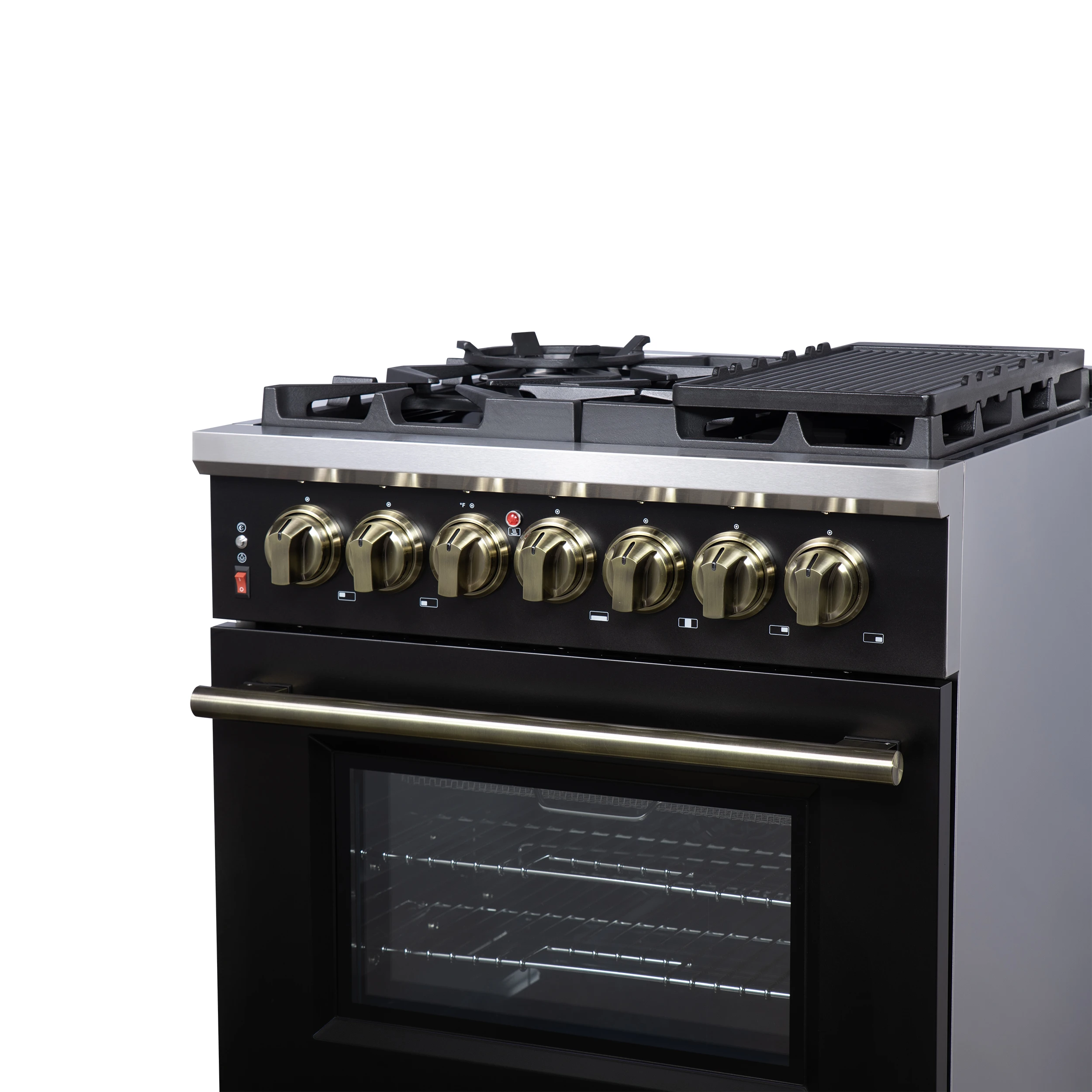 Massimo 30-Inch Freestanding Dual Fuel Range in Black with Antique Brass Accessories, 4 Burners, 4.32 cu. ft. Convection Oven FFSGS612530BLK