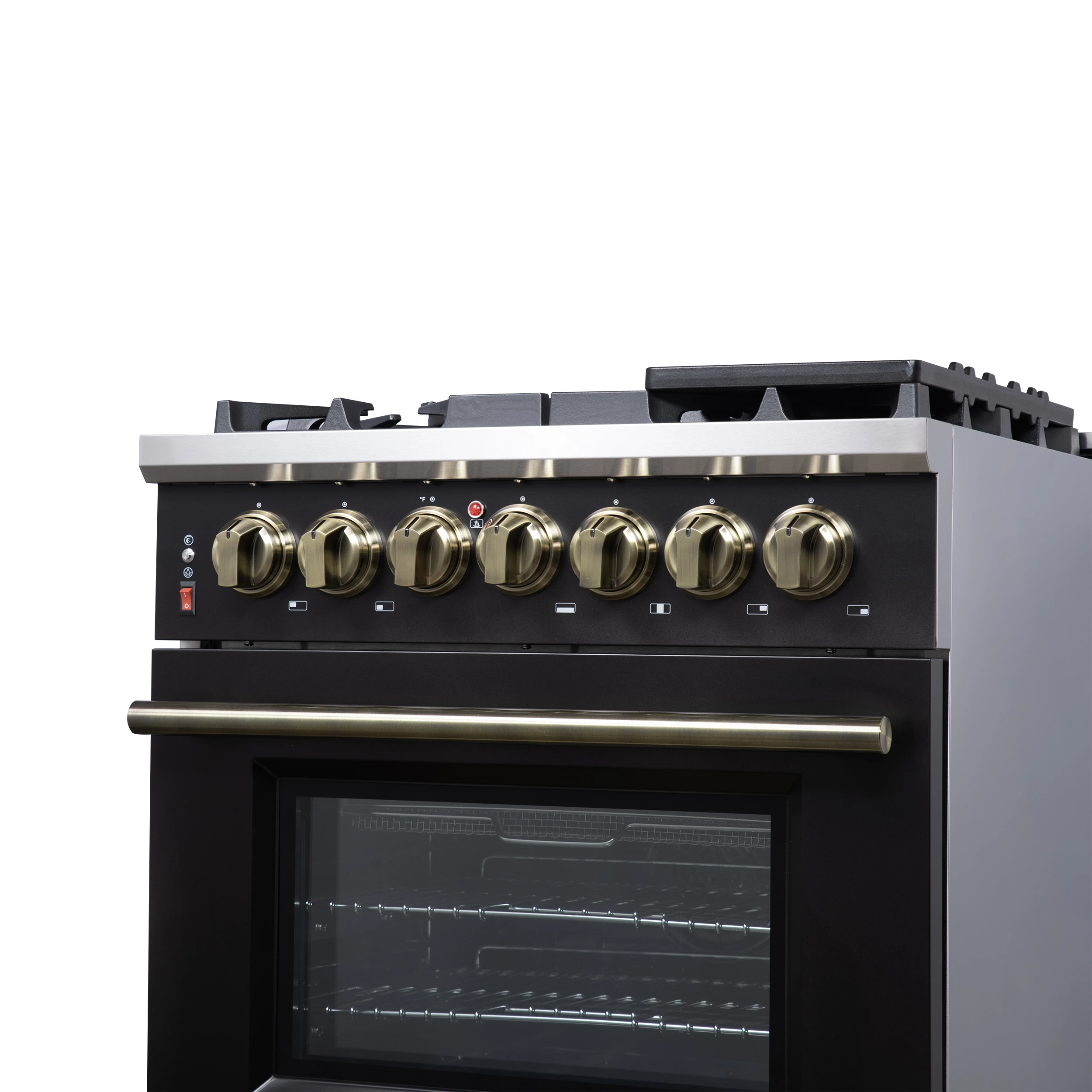 Massimo 30-Inch Freestanding Dual Fuel Range in Black with Antique Brass Accessories, 4 Burners, 4.32 cu. ft. Convection Oven FFSGS612530BLK