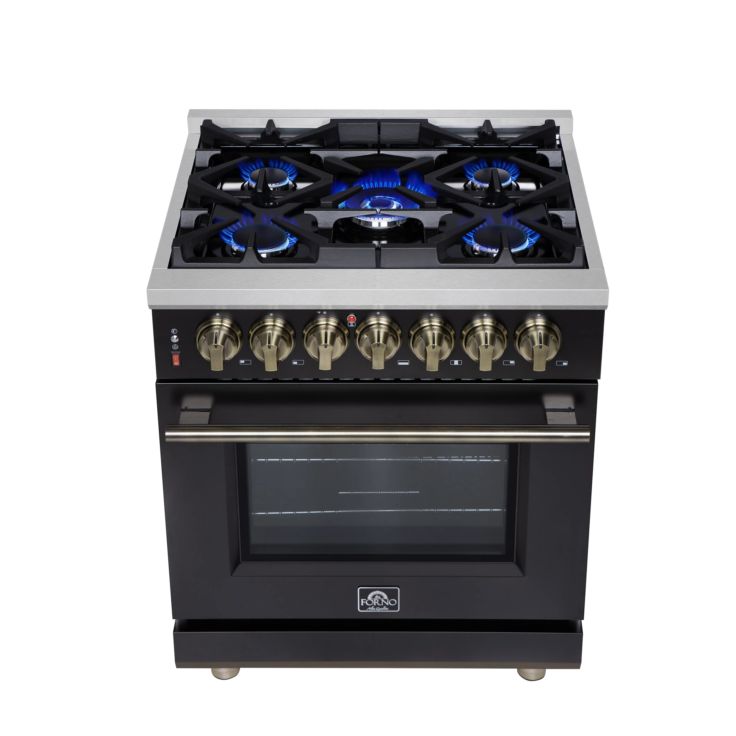 Massimo 30-Inch Freestanding Dual Fuel Range in Black with Antique Brass Accessories, 4 Burners, 4.32 cu. ft. Convection Oven FFSGS612530BLK