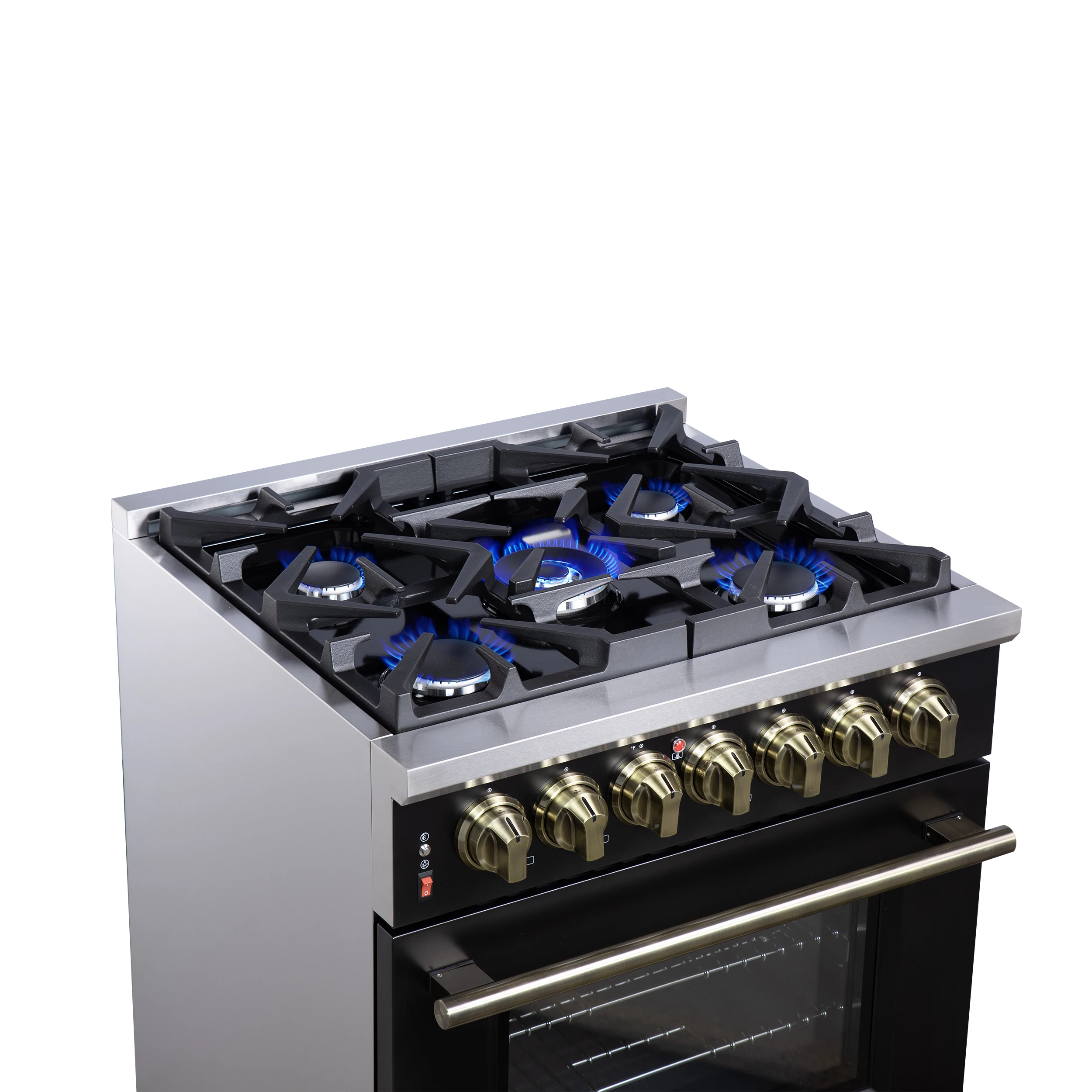 Massimo 30-Inch Freestanding Dual Fuel Range in Black with Antique Brass Accessories, 4 Burners, 4.32 cu. ft. Convection Oven FFSGS612530BLK