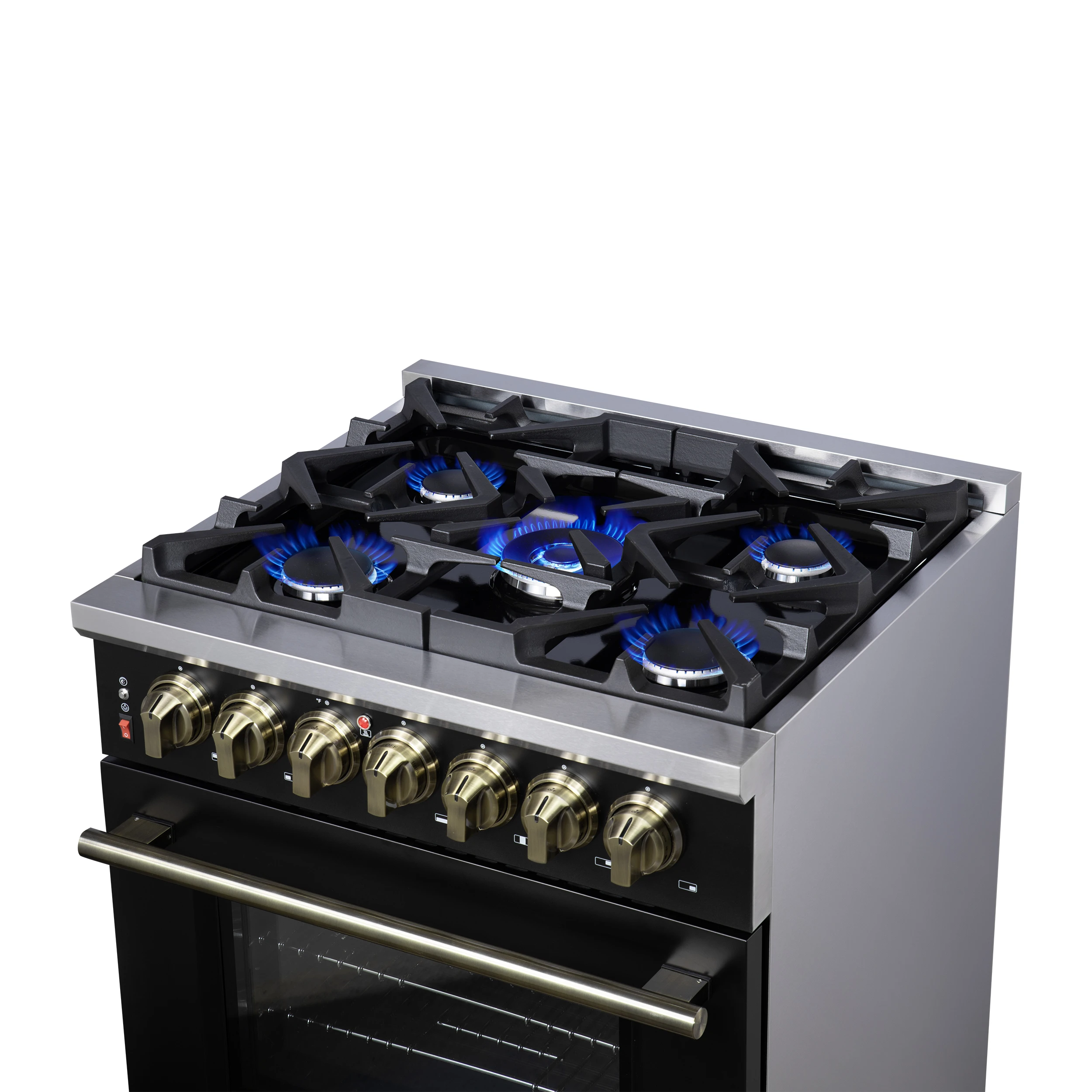 Massimo 30-Inch Freestanding Dual Fuel Range in Black with Antique Brass Accessories, 4 Burners, 4.32 cu. ft. Convection Oven FFSGS612530BLK