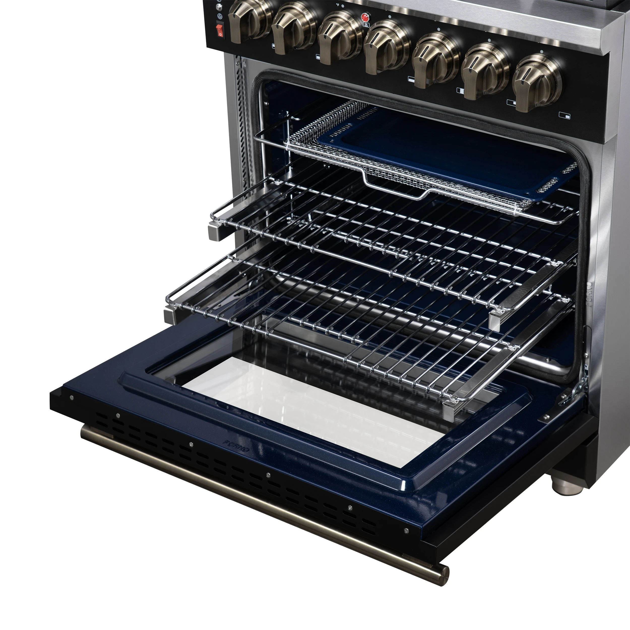 Massimo 30-Inch Freestanding Dual Fuel Range in Black with Antique Brass Accessories, 4 Burners, 4.32 cu. ft. Convection Oven FFSGS612530BLK