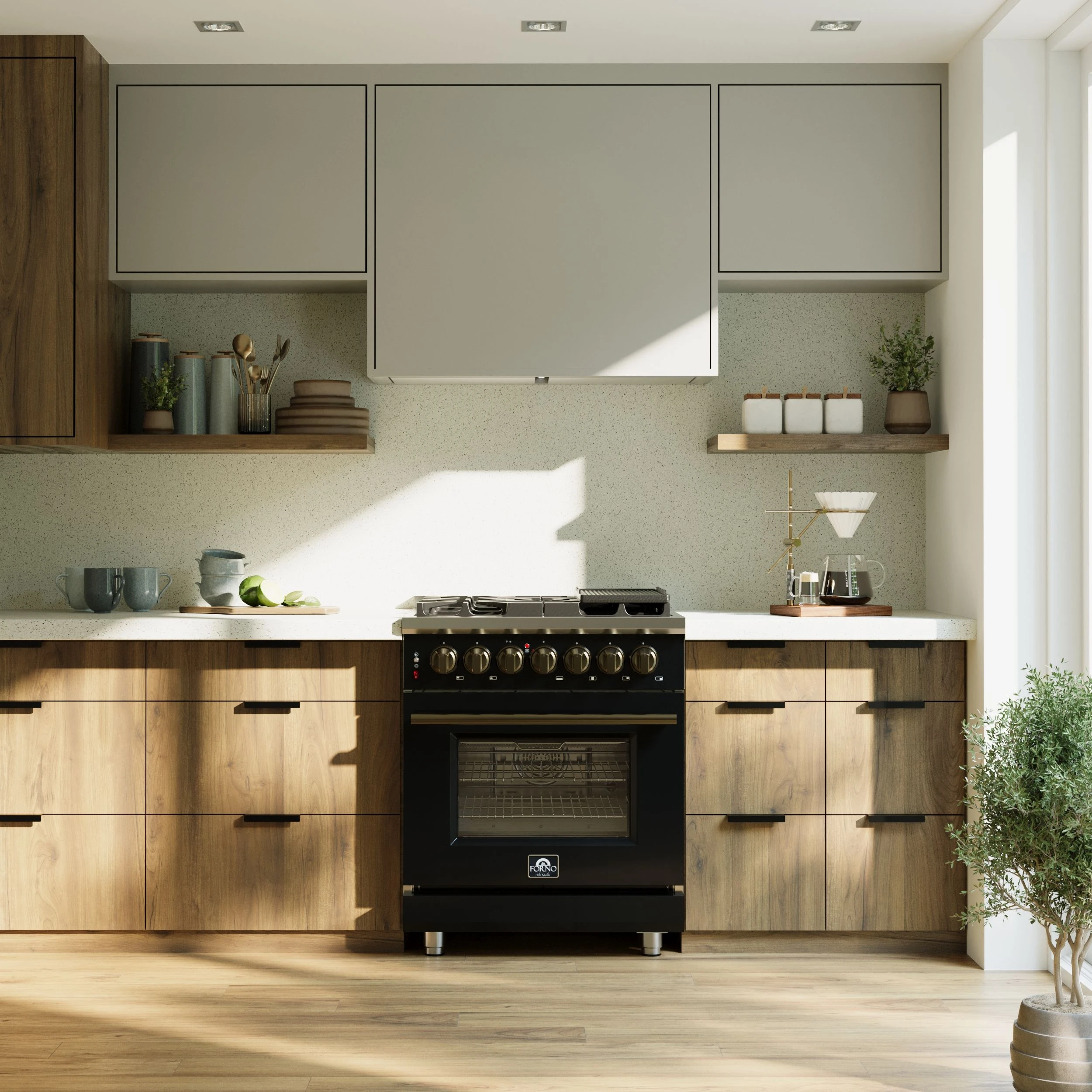 Massimo 30-Inch Freestanding Dual Fuel Range in Black with Antique Brass Accessories, 4 Burners, 4.32 cu. ft. Convection Oven FFSGS612530BLK