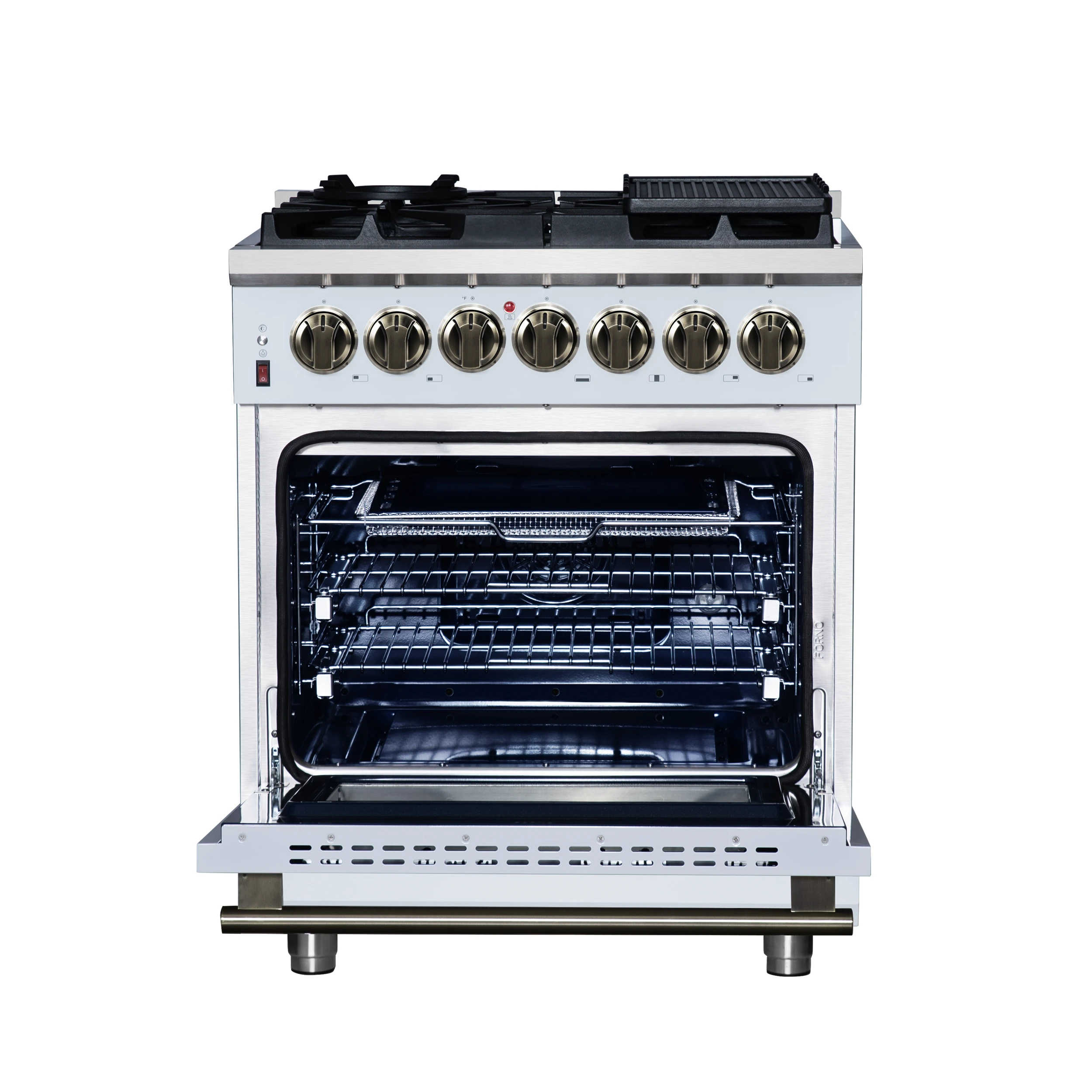 Massimo 30-Inch Freestanding Dual Fuel Range in White with Antique Brass Accessories, 4 Burners, 4.32 cu. ft. Convection Oven FFSGS612530WHT