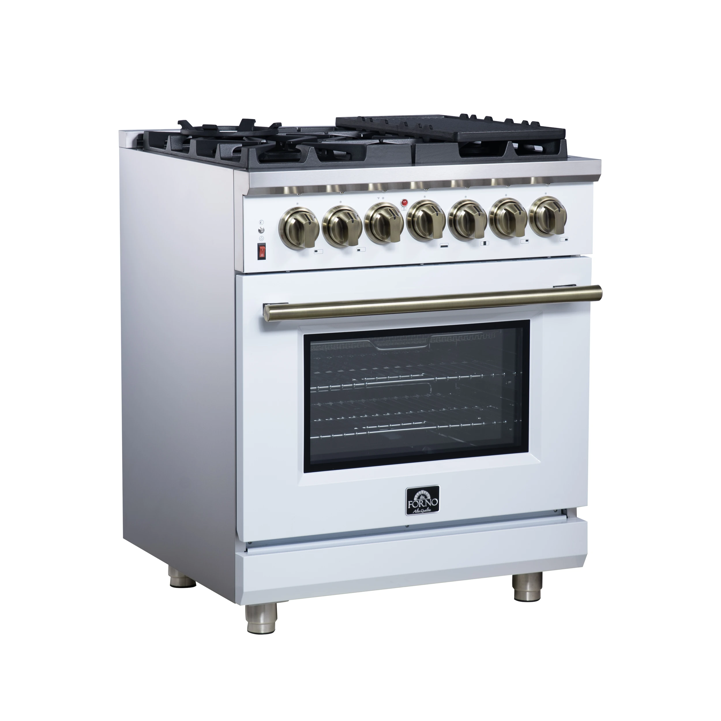 Massimo 30-Inch Freestanding Dual Fuel Range in White with Antique Brass Accessories, 4 Burners, 4.32 cu. ft. Convection Oven FFSGS612530WHT