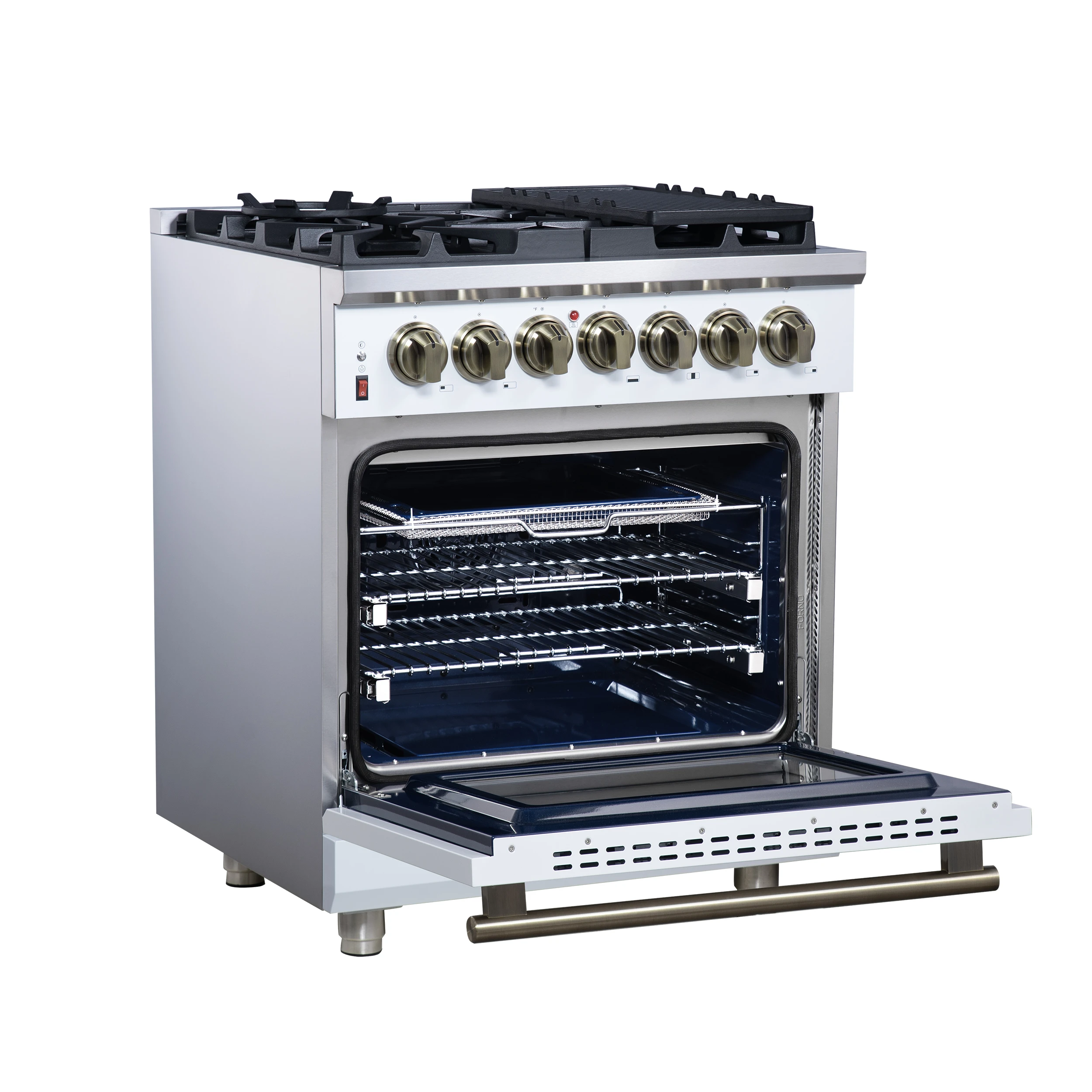 Massimo 30-Inch Freestanding Dual Fuel Range in White with Antique Brass Accessories, 4 Burners, 4.32 cu. ft. Convection Oven FFSGS612530WHT