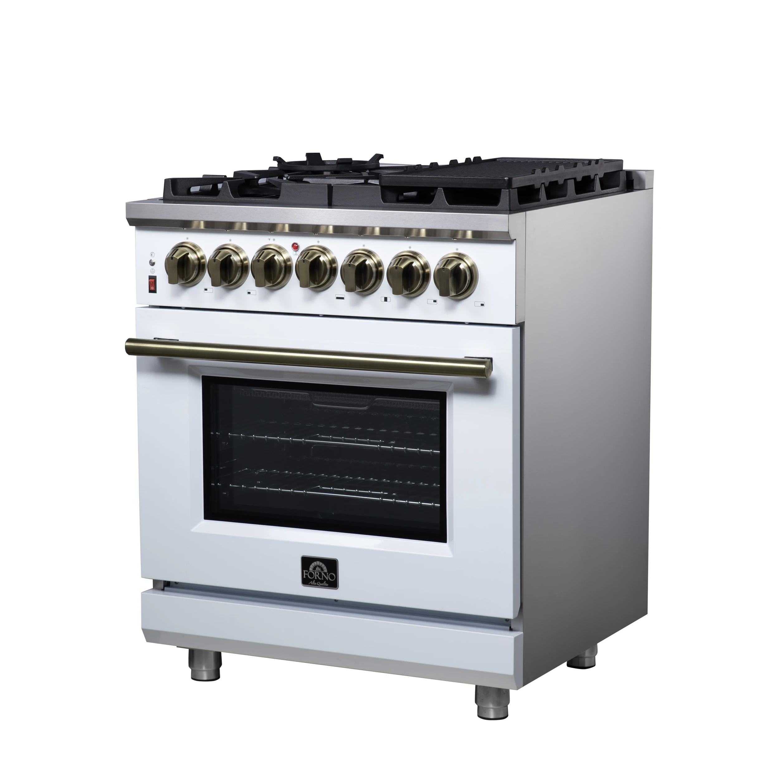 Massimo 30-Inch Freestanding Dual Fuel Range in White with Antique Brass Accessories, 4 Burners, 4.32 cu. ft. Convection Oven FFSGS612530WHT