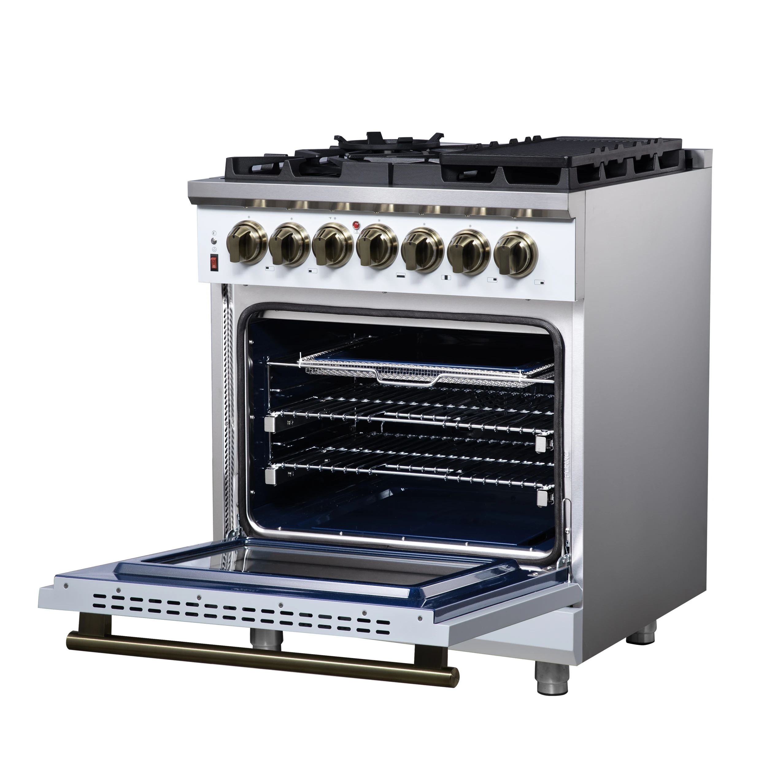 Massimo 30-Inch Freestanding Dual Fuel Range in White with Antique Brass Accessories, 4 Burners, 4.32 cu. ft. Convection Oven FFSGS612530WHT