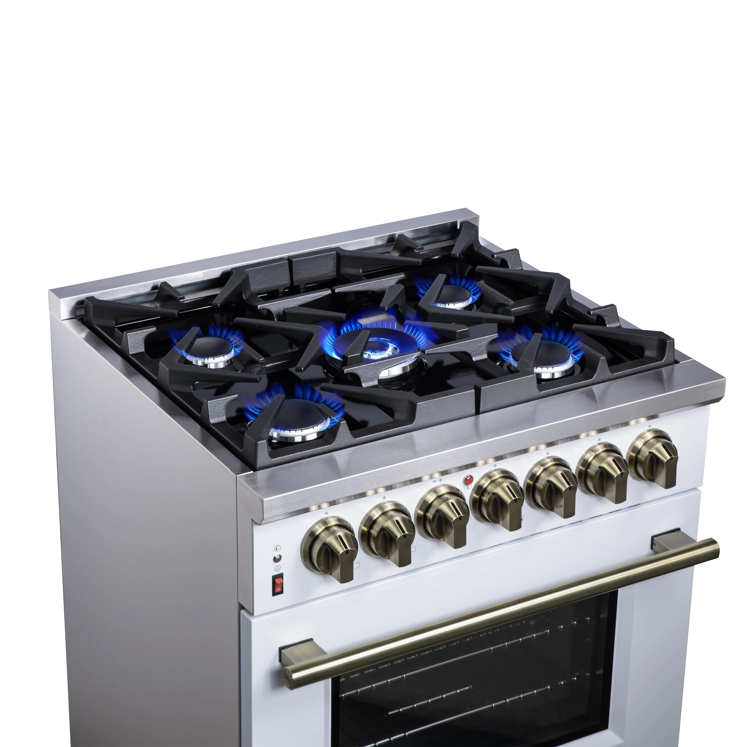 Massimo 30-Inch Freestanding Dual Fuel Range in White with Antique Brass Accessories, 4 Burners, 4.32 cu. ft. Convection Oven FFSGS612530WHT