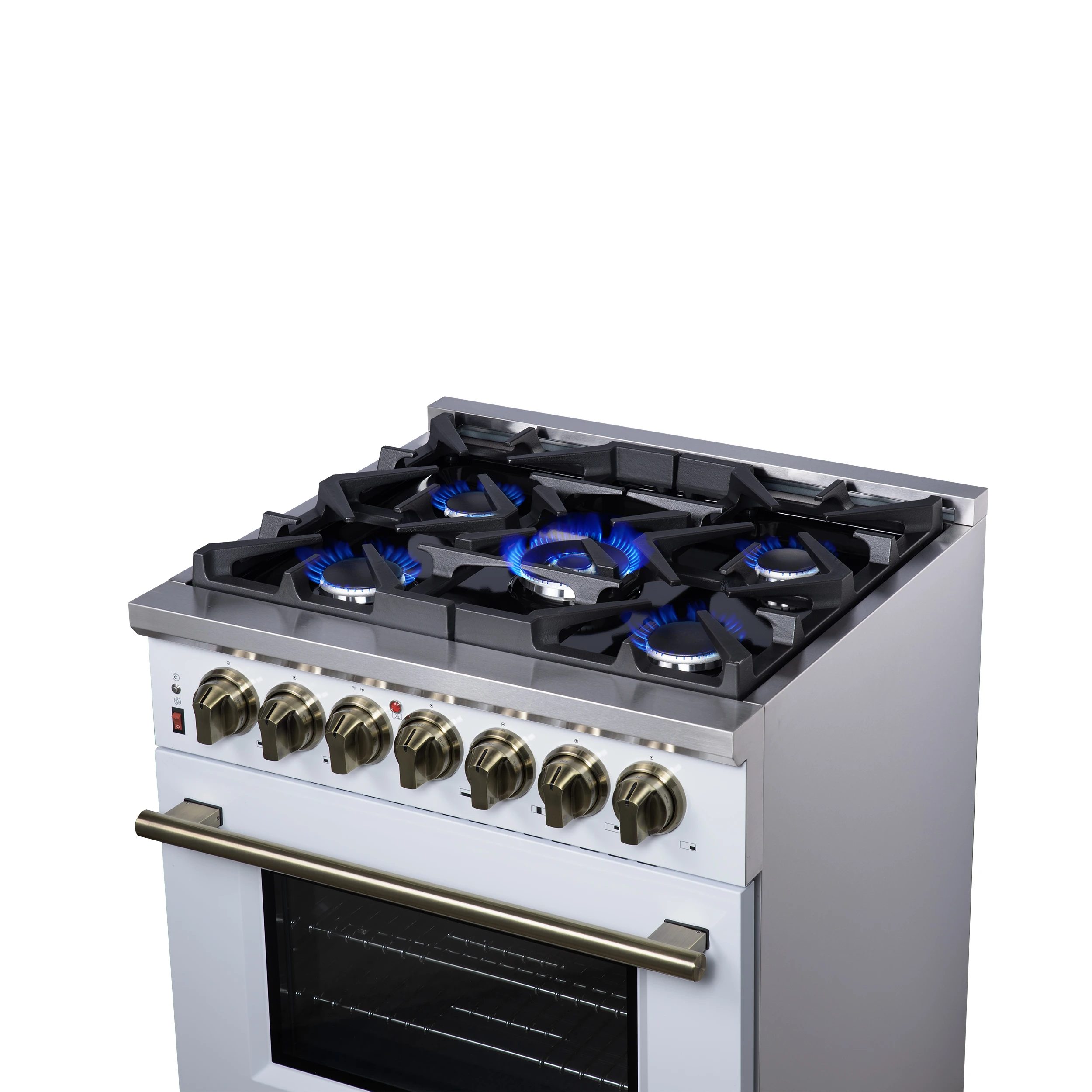 Massimo 30-Inch Freestanding Dual Fuel Range in White with Antique Brass Accessories, 4 Burners, 4.32 cu. ft. Convection Oven FFSGS612530WHT