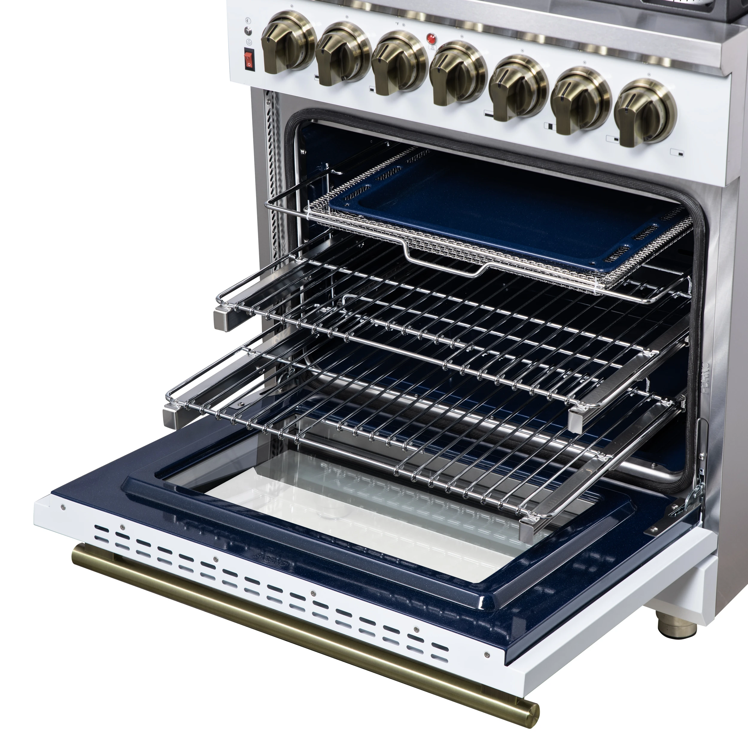 Massimo 30-Inch Freestanding Dual Fuel Range in White with Antique Brass Accessories, 4 Burners, 4.32 cu. ft. Convection Oven FFSGS612530WHT