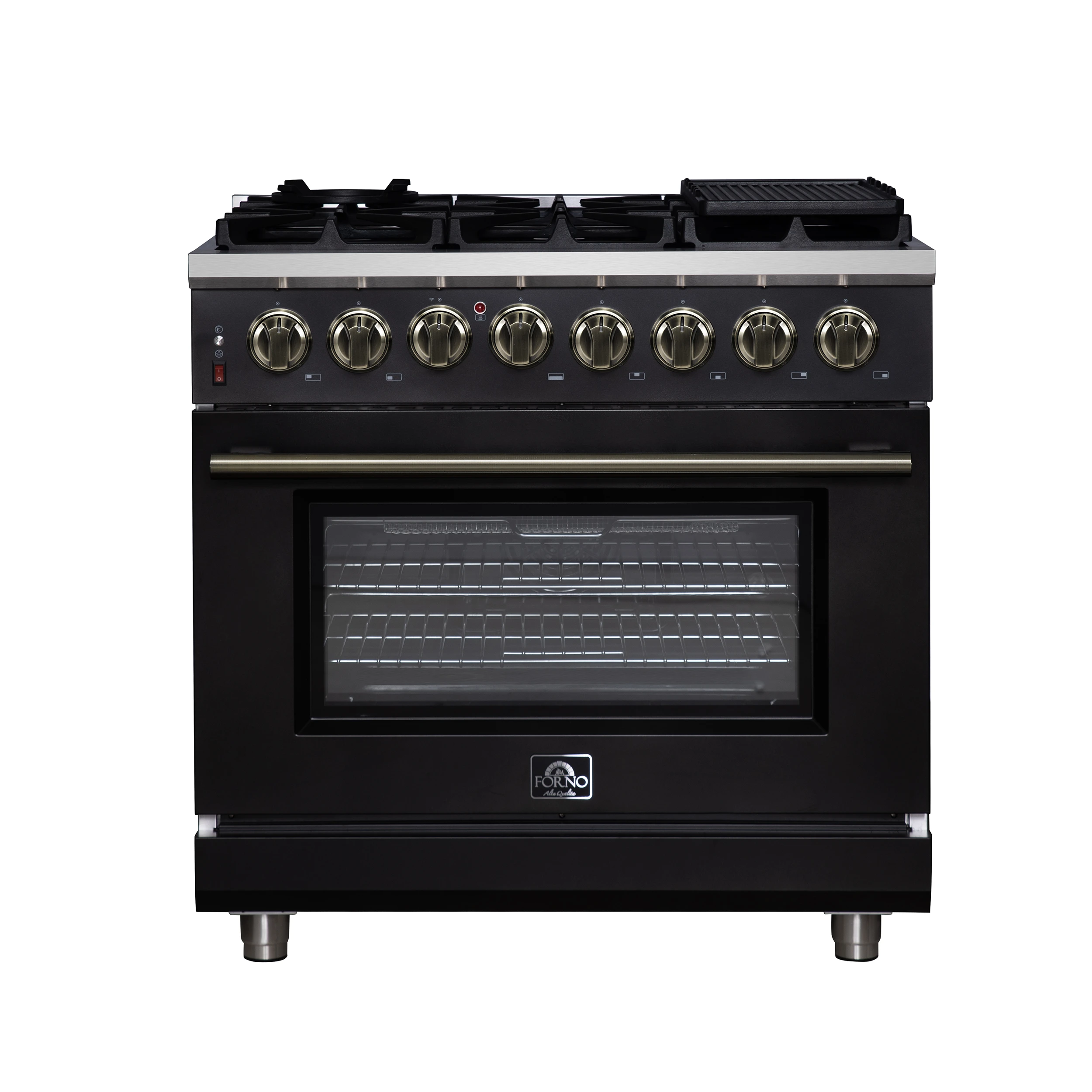 Massimo 36 Inch Freestanding Dual Fuel Range in with Antique Brass Accessories, 6 Burners, 5.36 cu. ft. Convection Oven FFSGS612536BLK