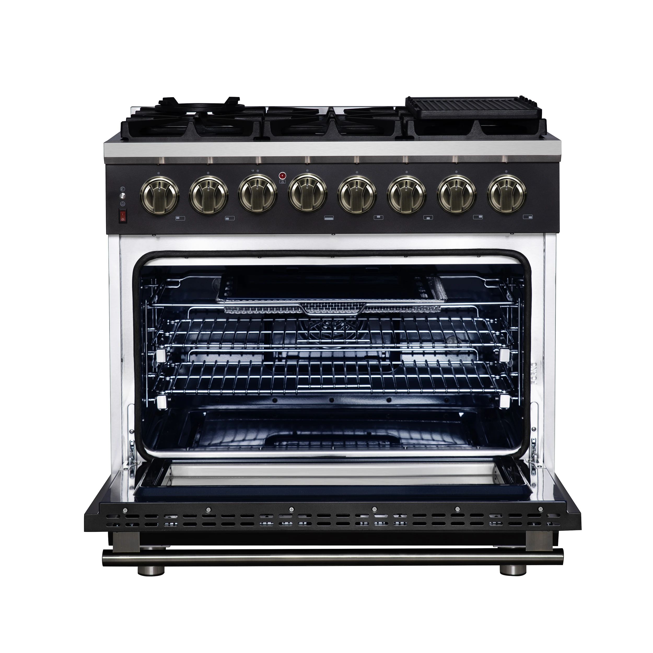 Massimo 36 Inch Freestanding Dual Fuel Range in with Antique Brass Accessories, 6 Burners, 5.36 cu. ft. Convection Oven FFSGS612536BLK